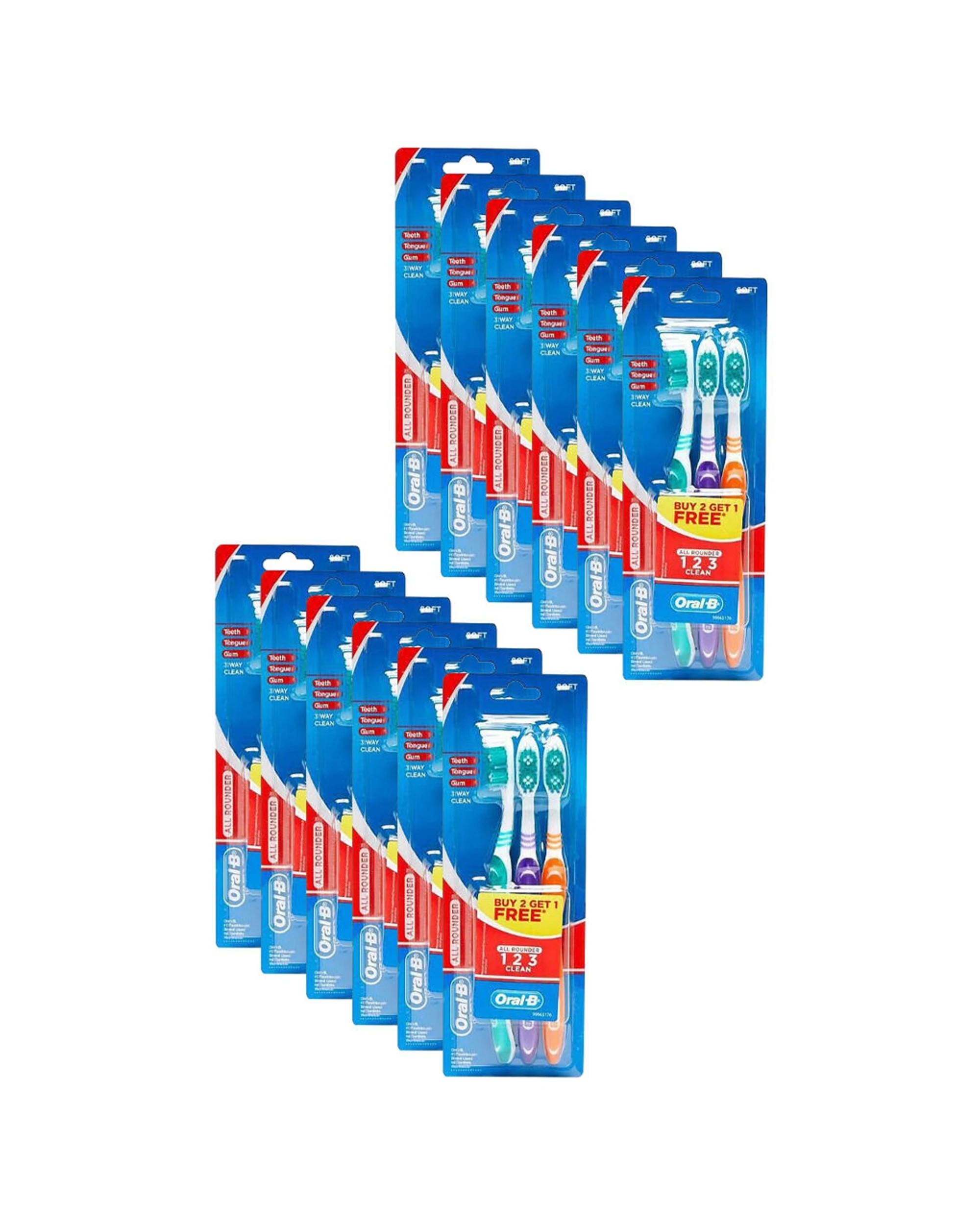1 Oral B 12x 3pc All Rounder Standard Toothbrush Soft Dental Care Pack - Multi, 1 of 2