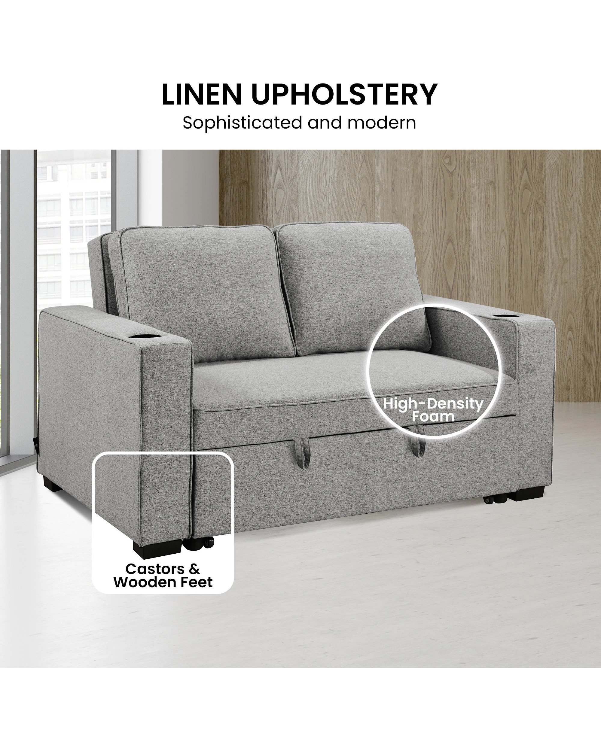 6 Sarantino Hoffman Linen Sofa Bed With Cushions And Cup Holders Light Grey, 6 of 10