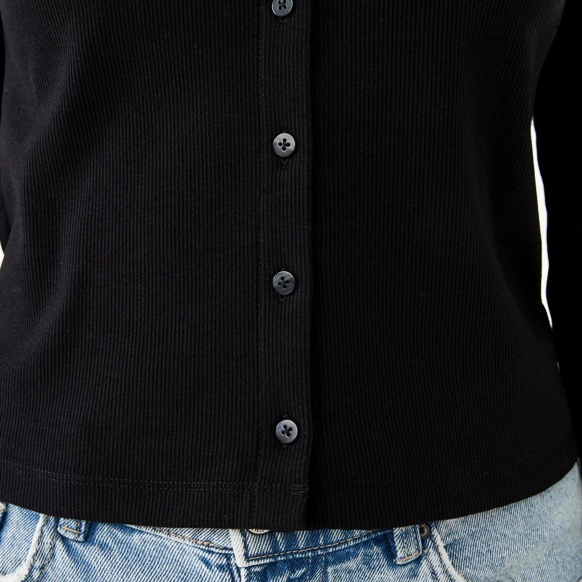 7 Long Sleeve Rib Button Front Top Black, 7 of 7
