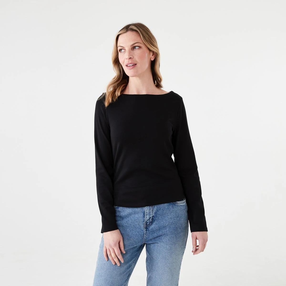 1 Long Sleeve Modal Boat Neck Top BLACK, 1 of 5