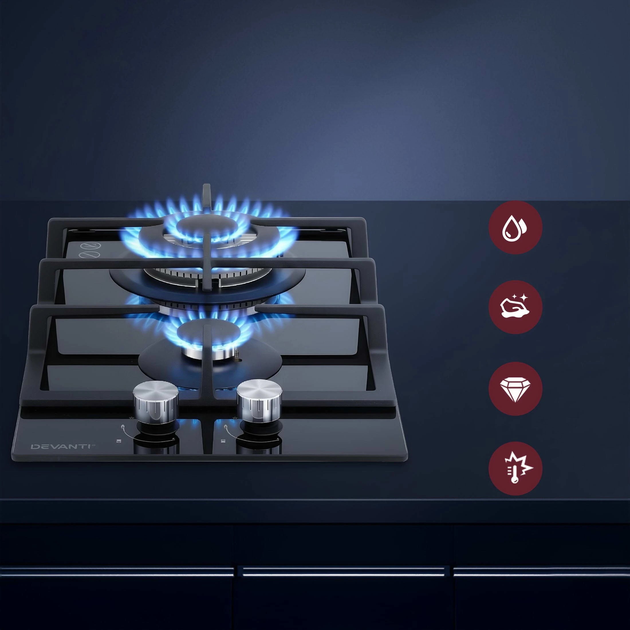 Devanti Gas Cooktop 30cm 2 Burner Built-in Stove Glass Cook Top NG LPG ...