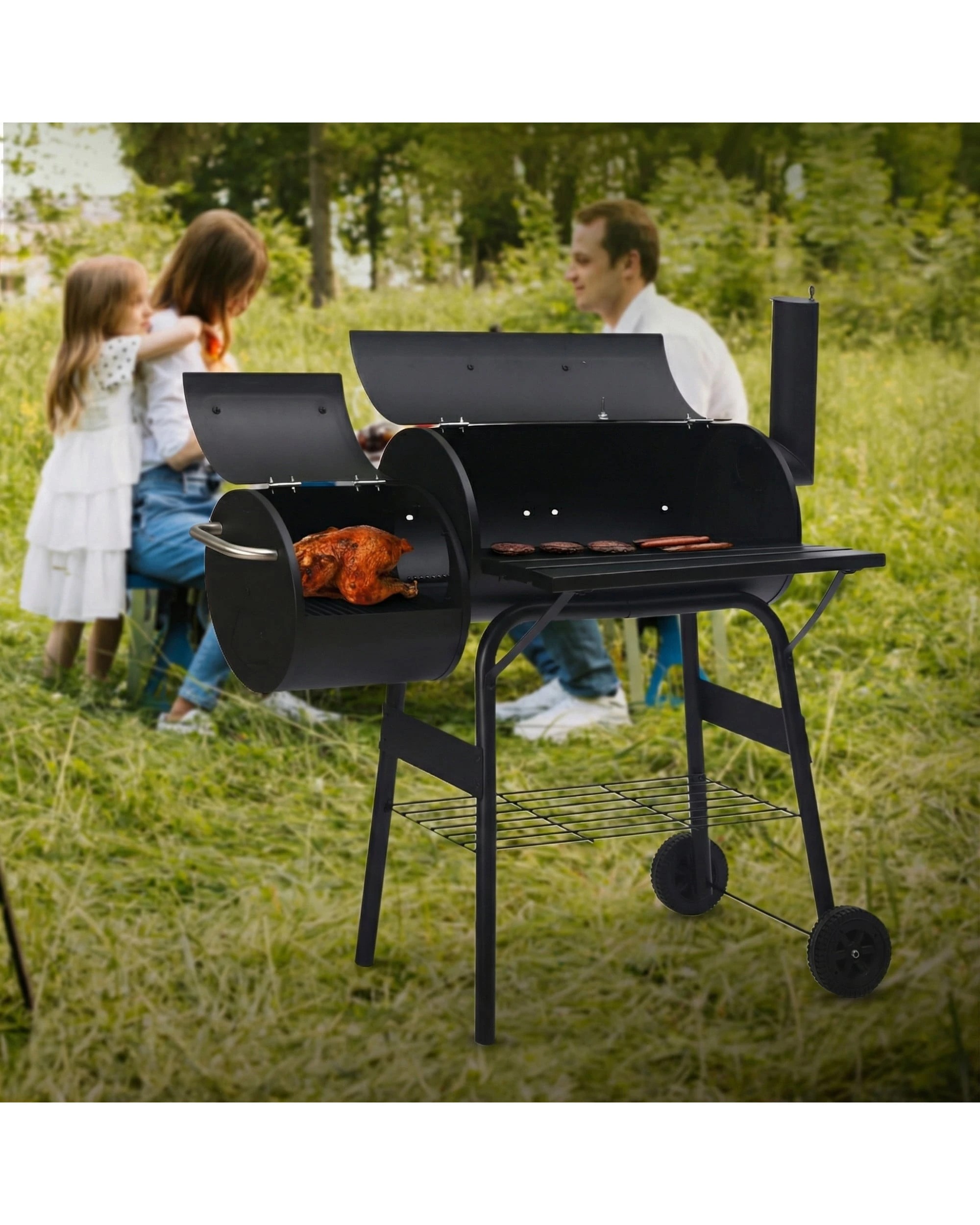 4 Wallaroo 2in1 Portable Barbecue Grill Offset Smoker Thermometer Work Shelf Outdoor BBQ Smoker - Black, 4 of 10