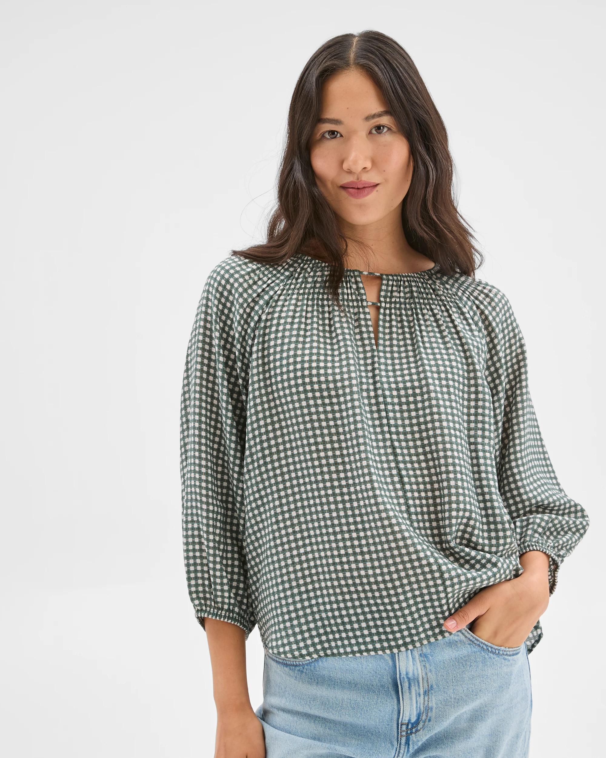 3 Target Woman 3/4 Sleeve Neck Detail Blouse OREGANO CHECK, 3 of 7