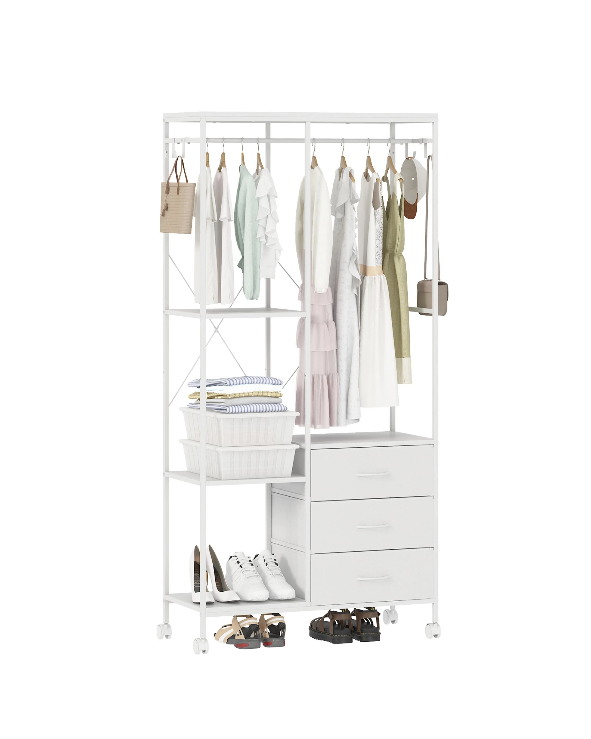 4 Advwin Dresser with Hanging Rack Fabric Chest of Drawers Clothes Rack - White, 4 of 8