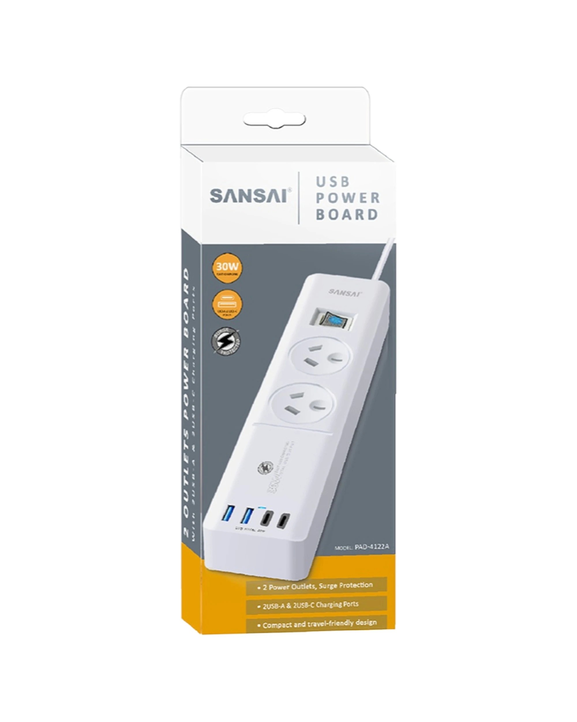 2 Sansai 2 Outlet Powerboard With USB A And C Ports 30W USB Output 1m Cord - White, 2 of 2
