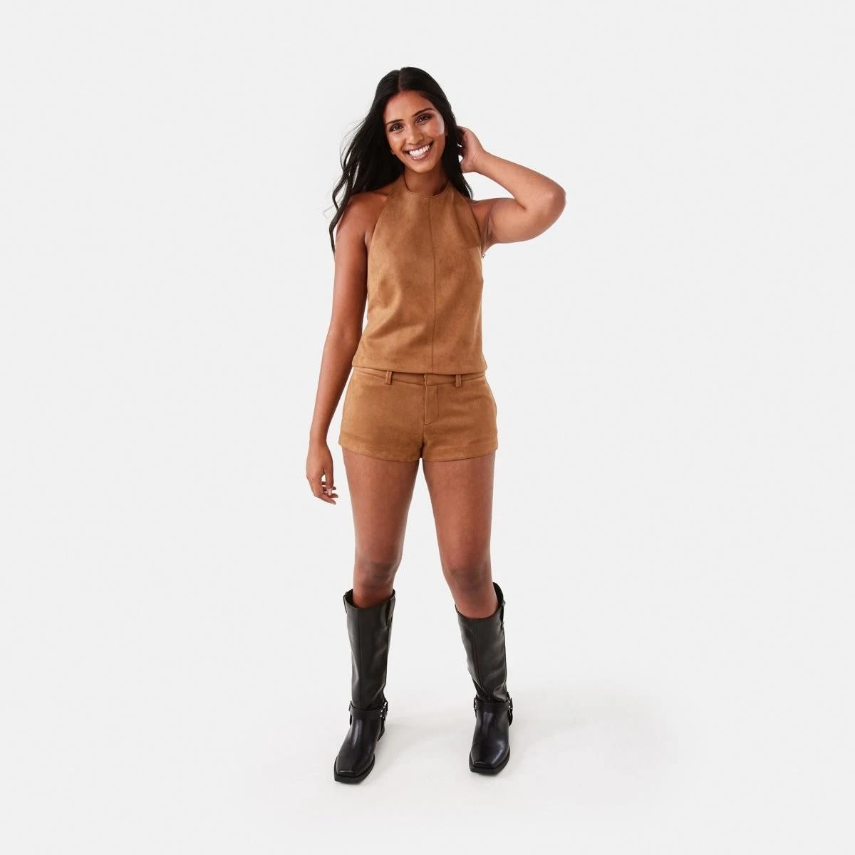 2 Sleeveless Halter Suede Top DEEP CAMEL, 2 of 10