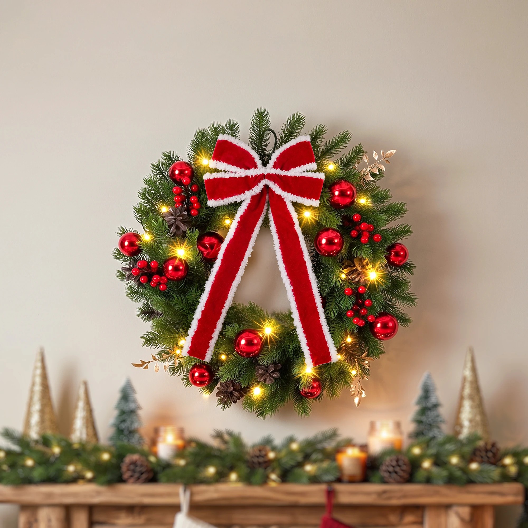 4 Jingle Jollys 60cm Pre-lit Christmas Wreath Garlands LED Light Front Door Decor Bow - Green, 4 of 7