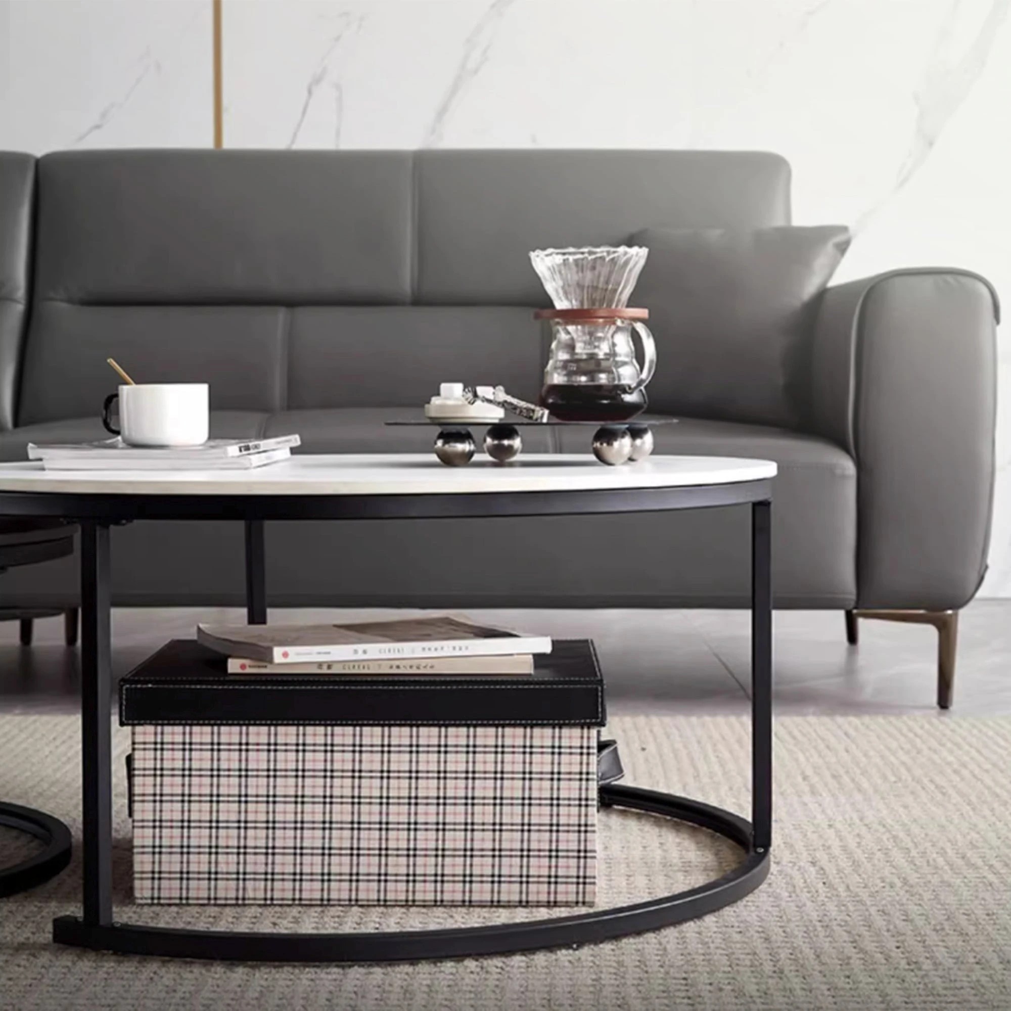 6 Foret Coffee Table 80cm Side Tables 2pc Set Tea Marble Look Tempered Glass Top, 6 of 9