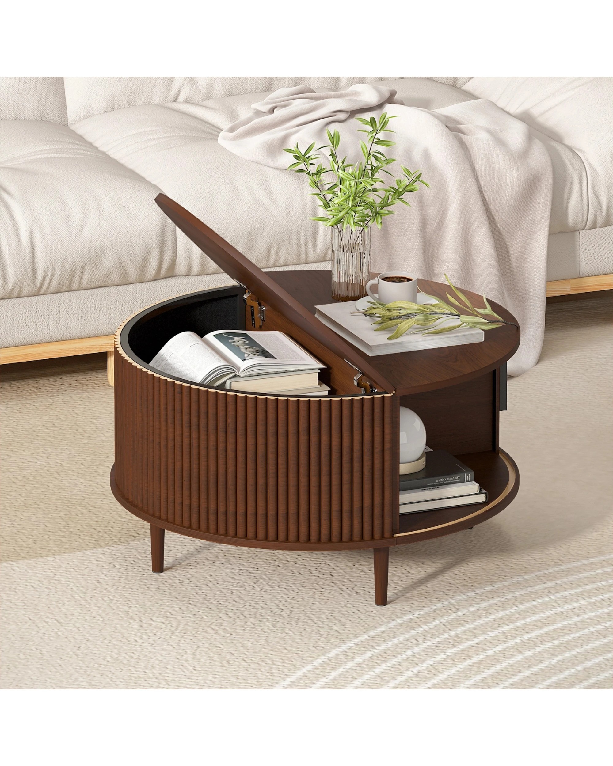 3 Advwin 80cm Round Coffee Table Fluted Center Table w/ Sliding Door Cabinet Side Table w/ Hidden Storage & Shelf, 3 of 9