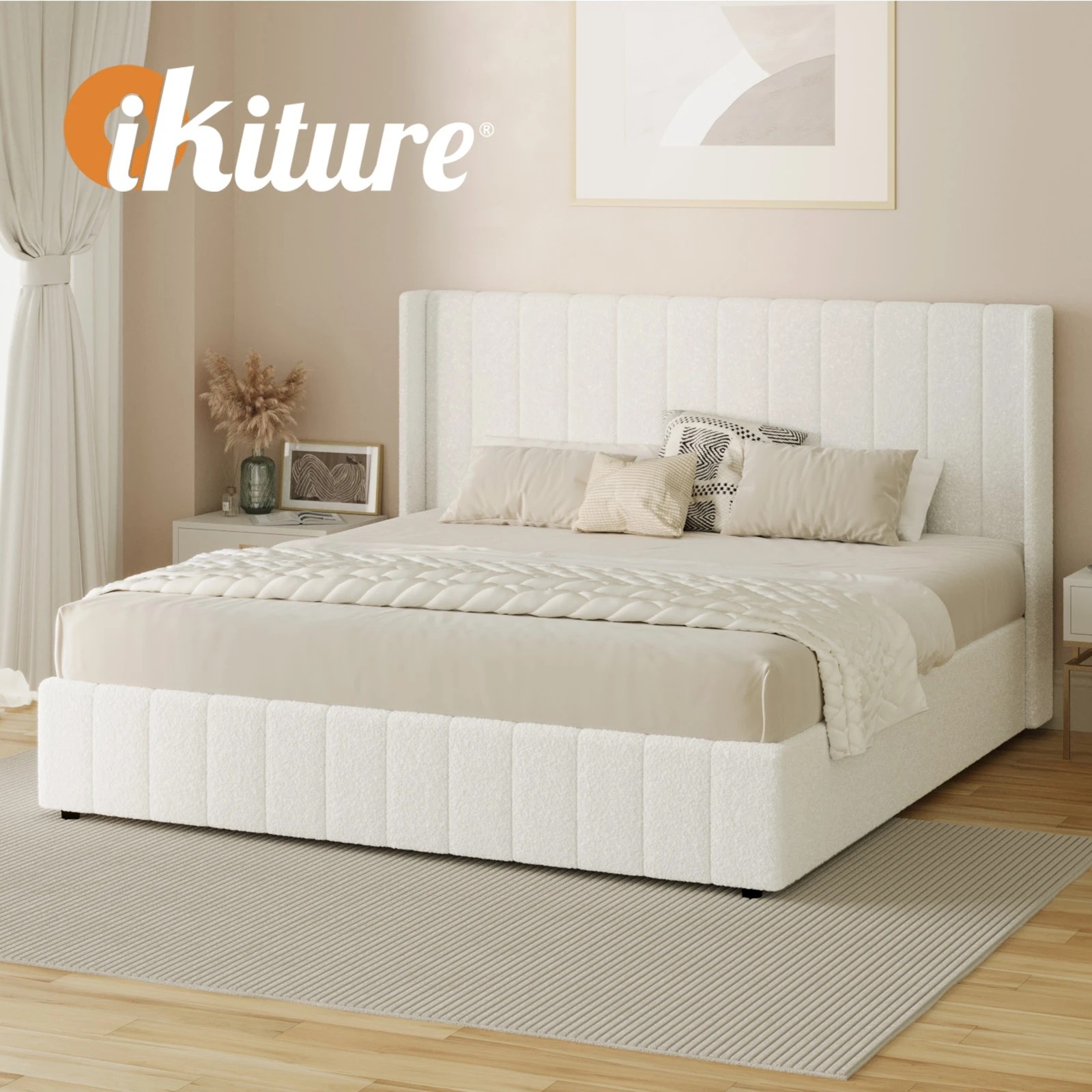 6 Oikiture King Bed Frame Gas Lift Base With Storage Boucle Fabric
 - White, 6 of 10