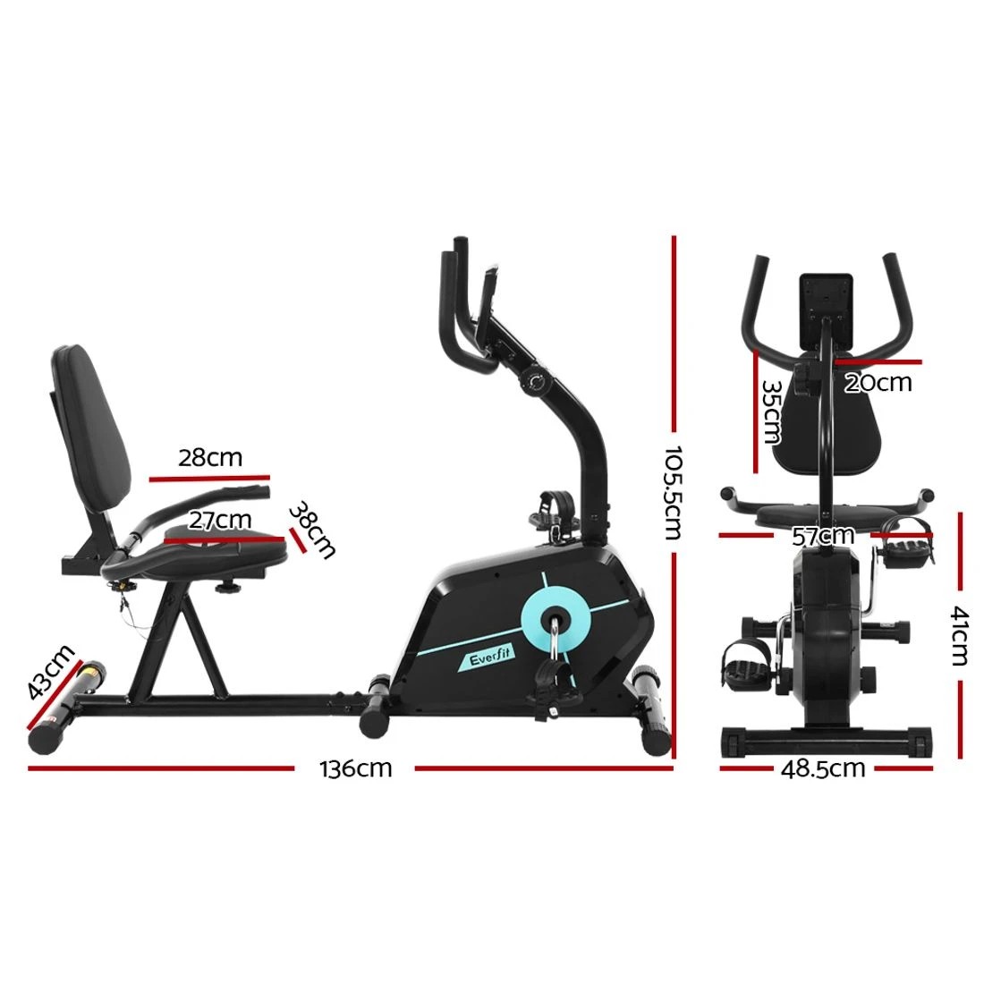 2 Everfit Exercise Bike Magnetic Recumbent Indoor Cycling Home Gym Cardio - Black, 2 of 6