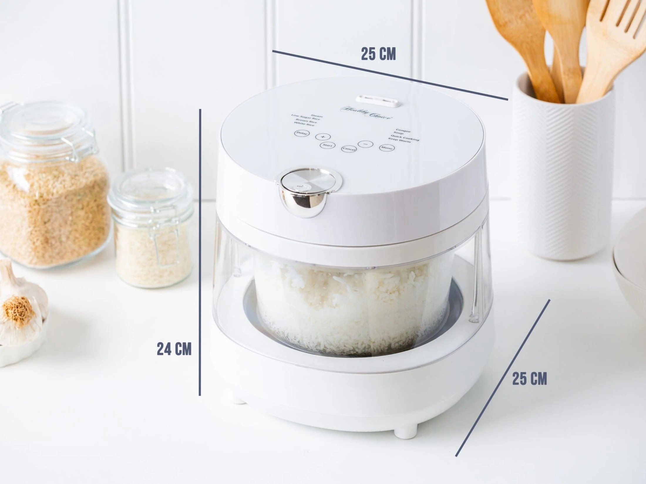 3 Healthy Choice PFAS Free 5 Cup Glass Rice Cooker, 600W with Low Sugar Basket, LED Display and 8 Smart Cooking Programs, 3 of 7
