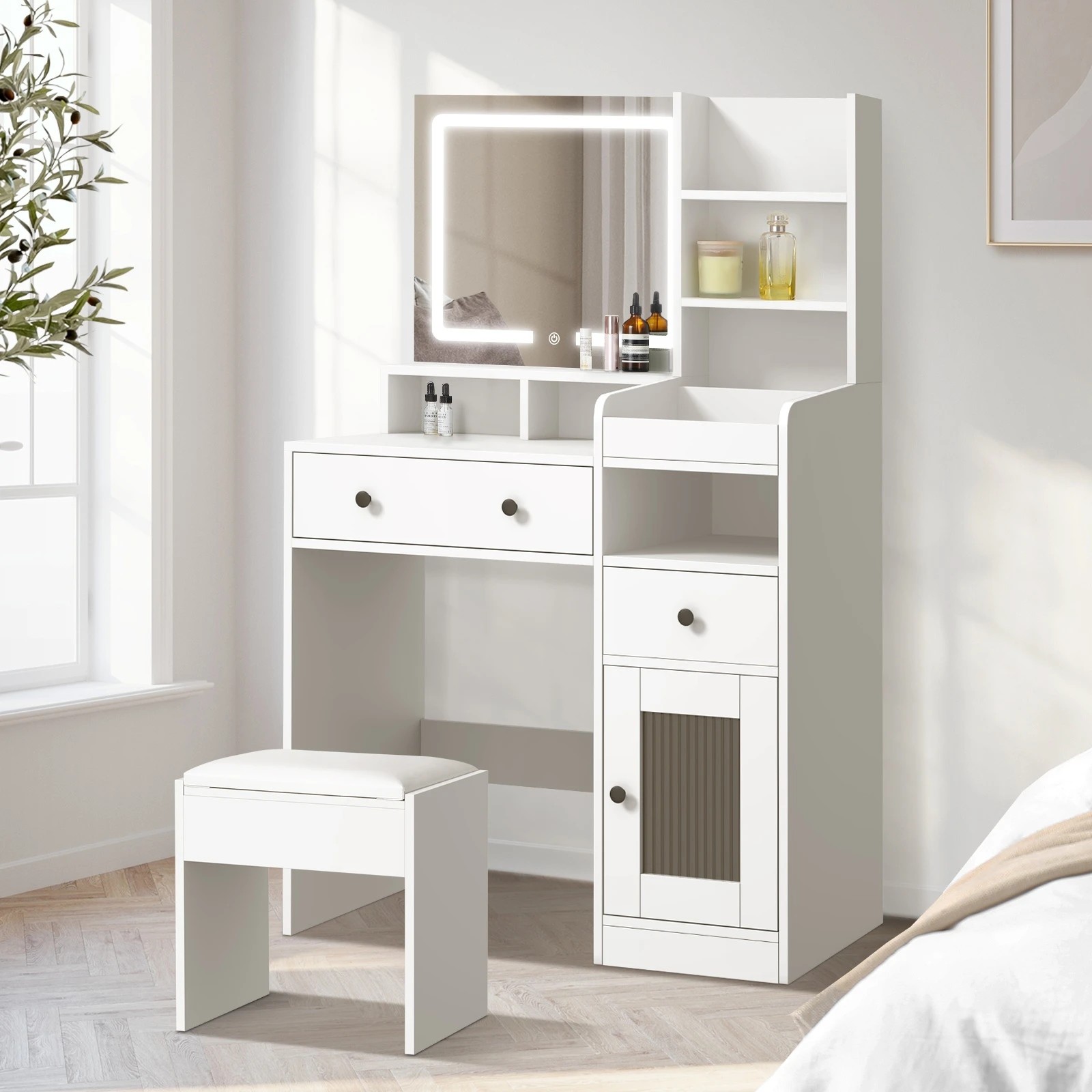 2 Oikiture Dressing Table Stool Set Makeup Mirror Led Light Vanity Desk
 - White, 2 of 9