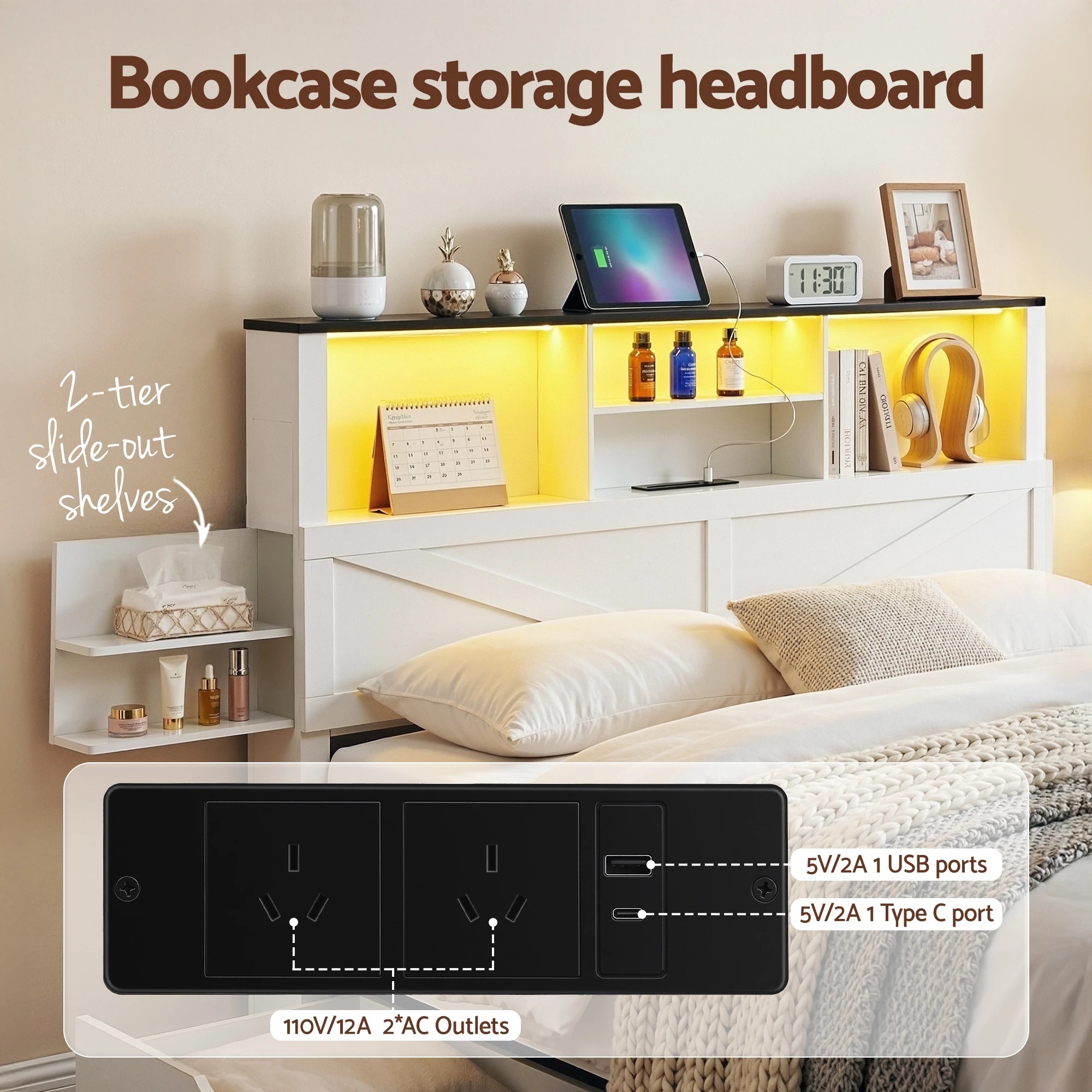 3 Artiss Double Bed Frame with Storage Drawers  Platform Bedframe with Bookcase - White, 3 of 6