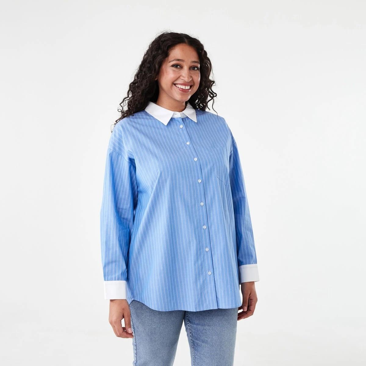 2 Long Sleeve Contrast Cuff Shirt Blu Str, 2 of 7