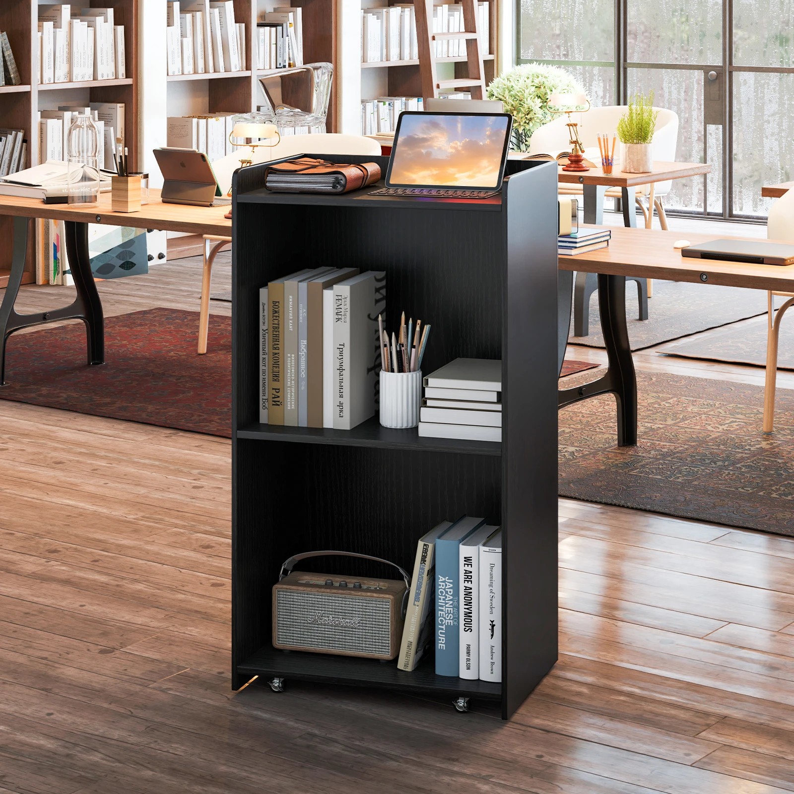 4 Costway 105cm Rolling Lectern Stand Presentation Podium w/Storage Shelves - Black, 4 of 6