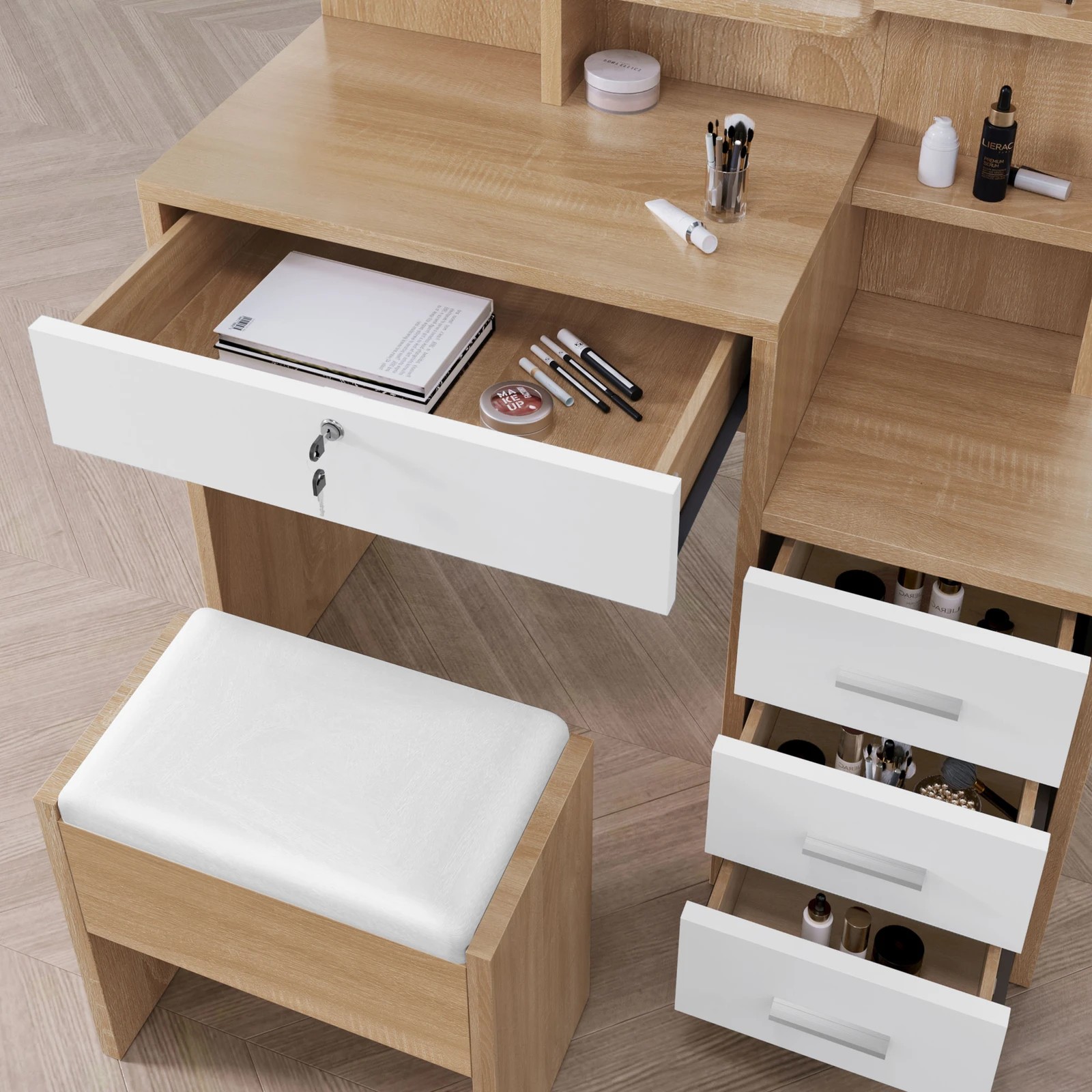 3 Alfordson Dressing Table Stool Makeup Mirror Vanity Desk - Natural, 3 of 10