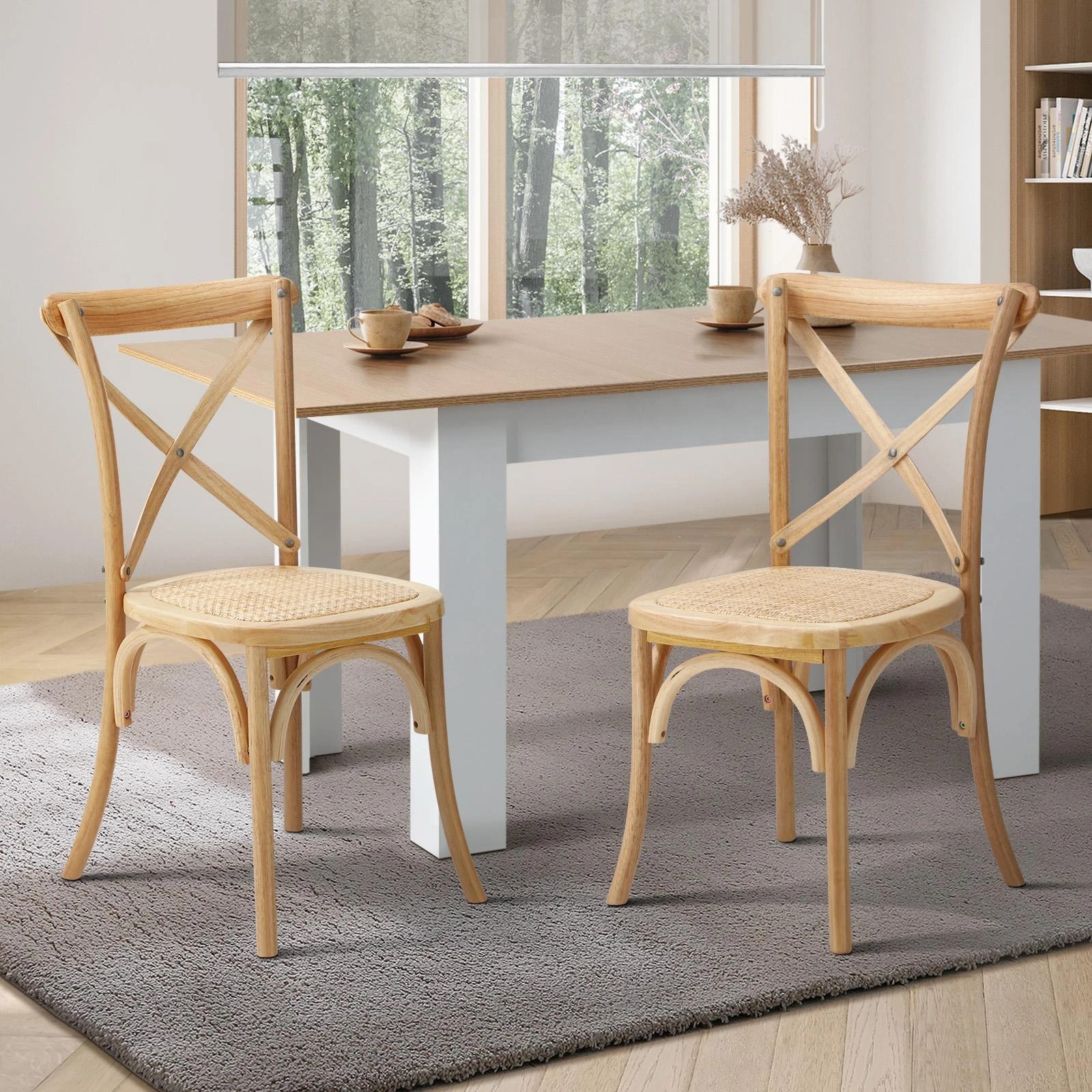 2 Oikiture 2pcs Crossback Dining Chair Solid Birch Timber Wood Ratan Seat Wooden
 - Natural, 2 of 10