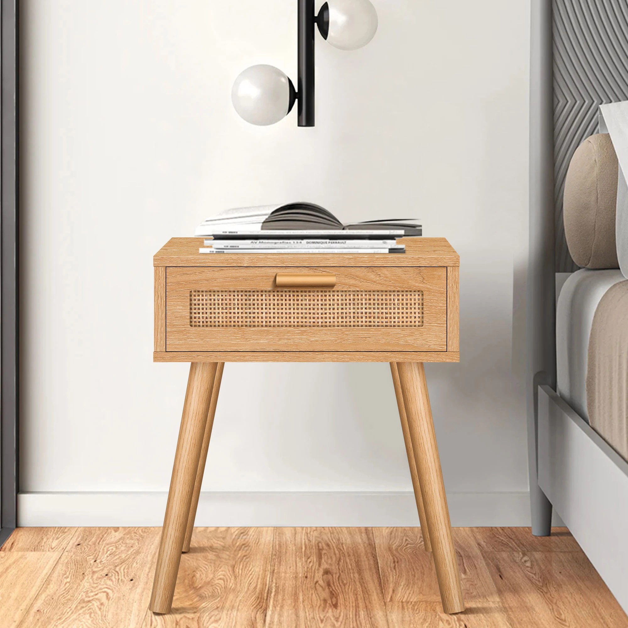 10 Alfordson Bedside Table Nightstand Side Storage Drawer Wooded Rattan - Oak, 10 of 10