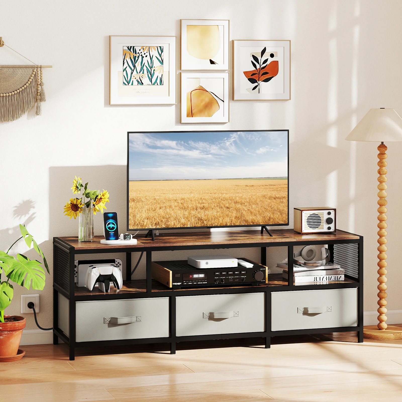 2 Costway TV Cabinet 3-Tier Entertain Unit w/Power Outlets for TVs up to 65” Storage Center - Natural, 2 of 4