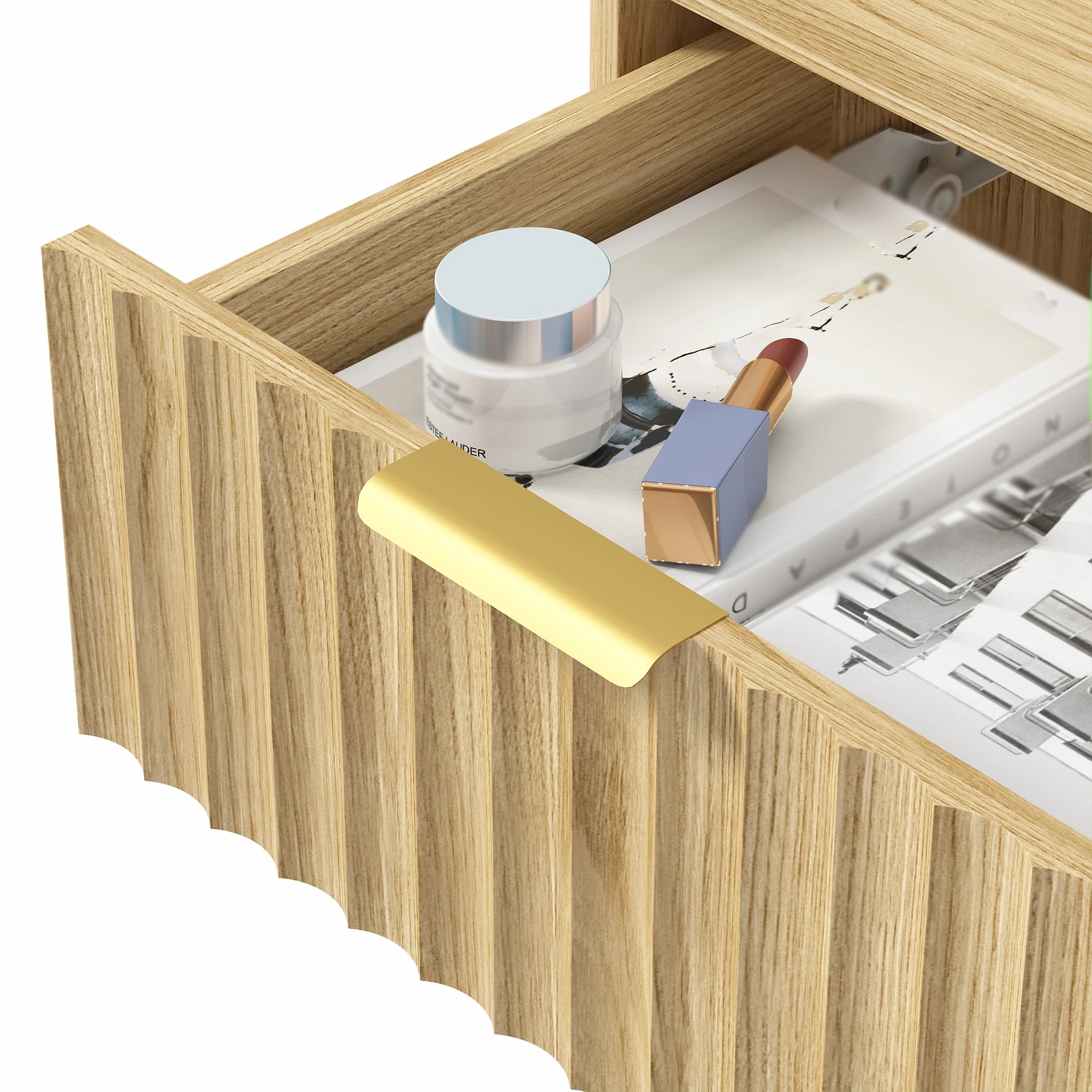 7 Advwin Fluted Wood Bedside Table with LED Light Charging Station Drawer & Shelf - Natural, 7 of 9