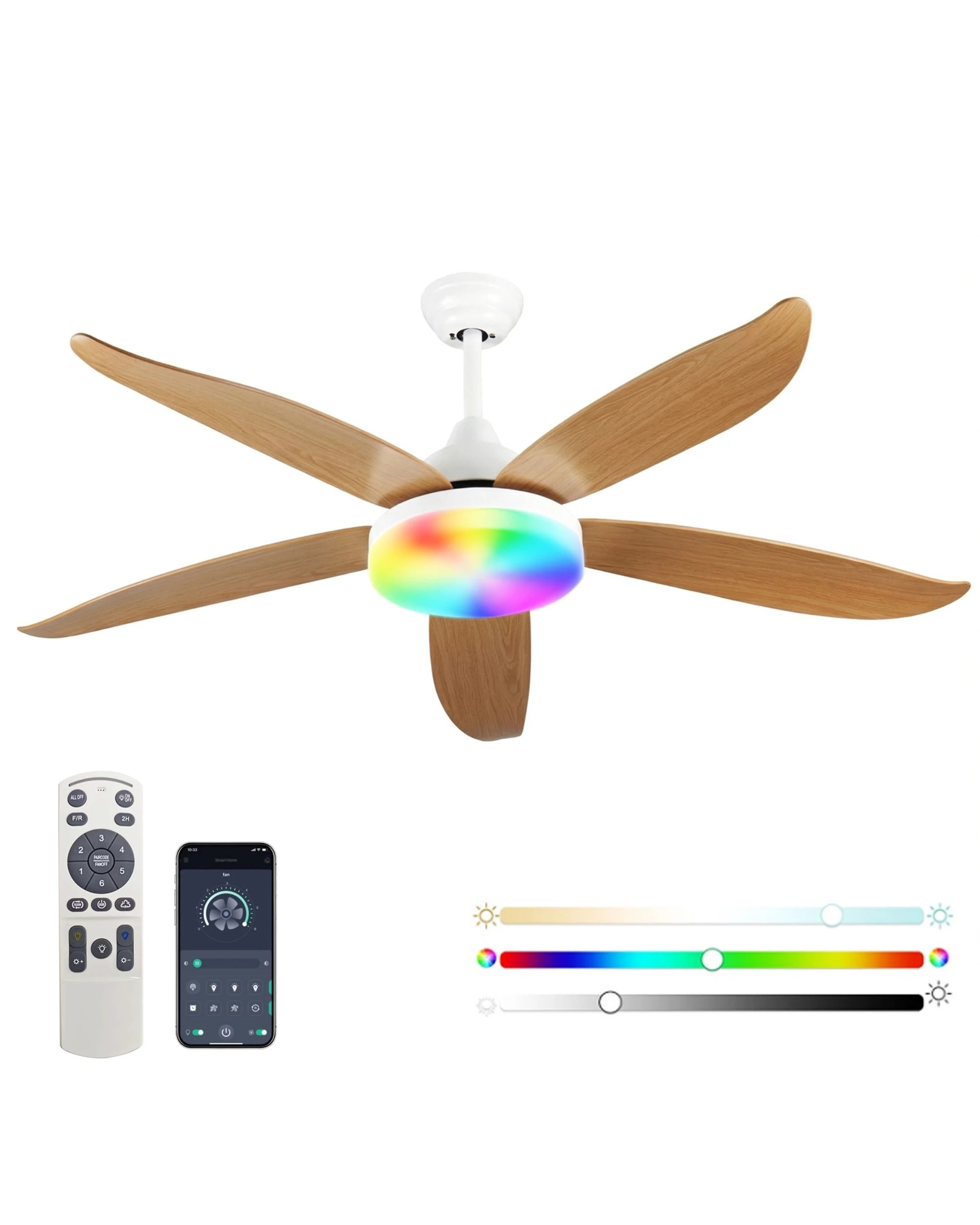 4 Advwin Ceiling Fans with RGB Color Lights 6 Speeds Remote APP Control - Brown, 4 of 7