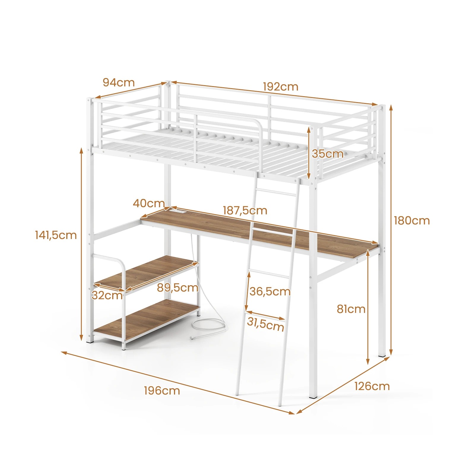 2 Costway Single Loft Bed Frame 2-in-1 Metal Bunk Bed w/Desk & Charging Station - White, 2 of 5
