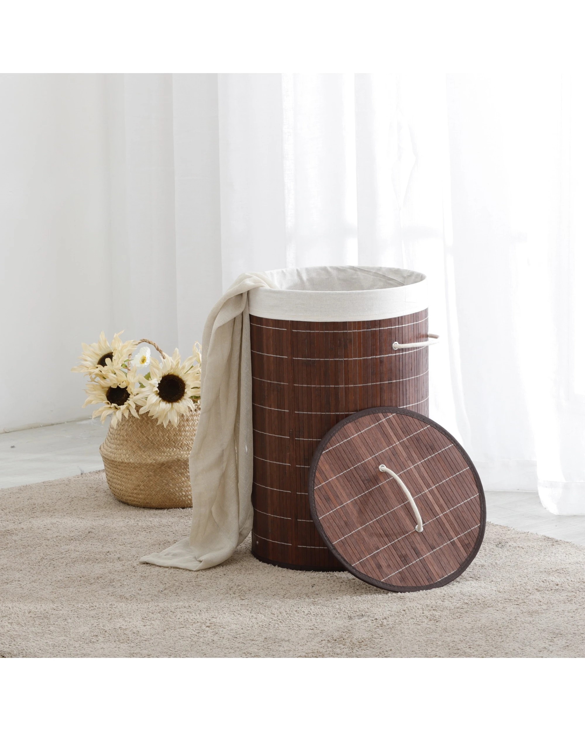 6 Sherwood Home Round Folding Bamboo Laundry Basket Hamper with Lid D38xH60cm - Brown, 6 of 6