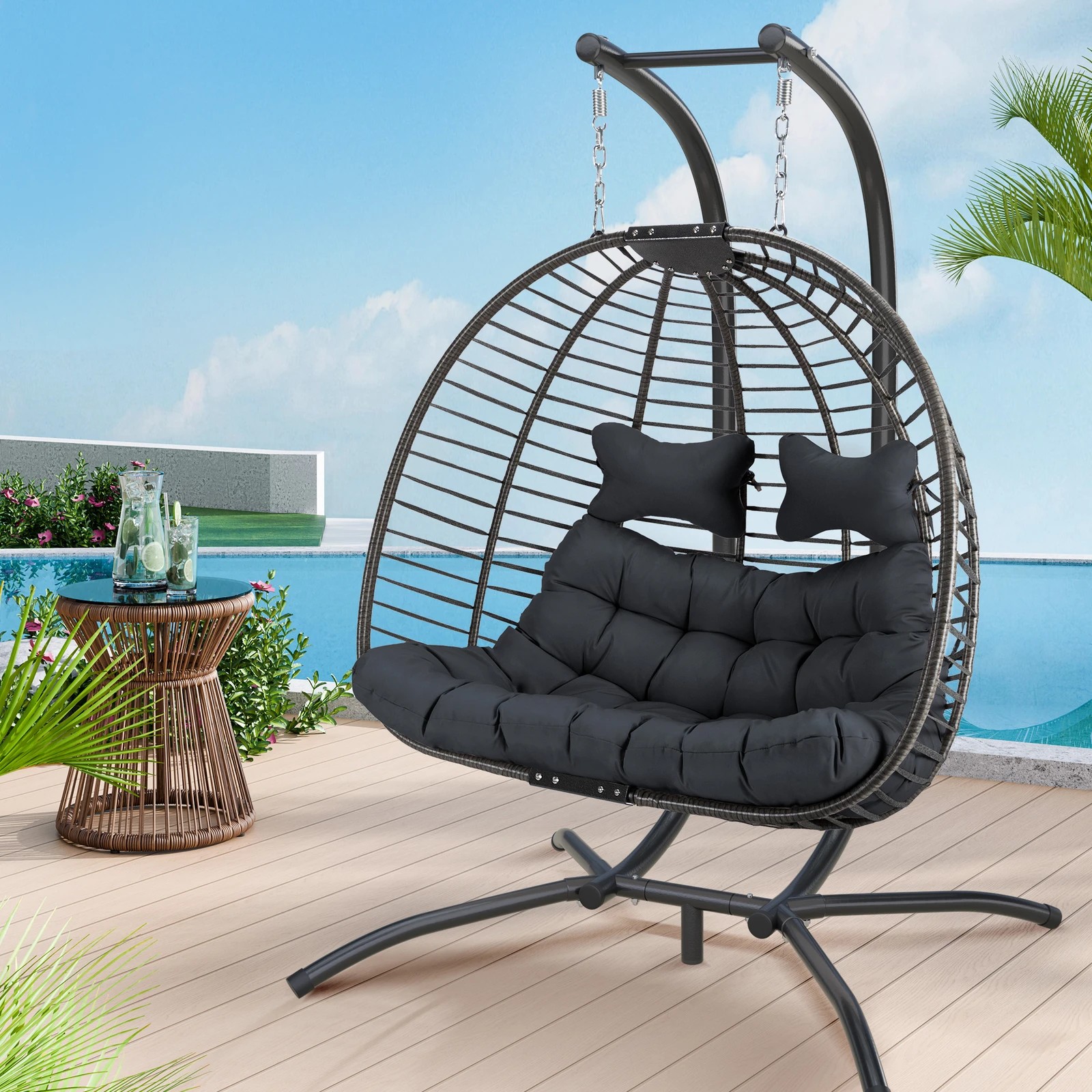 2 Alfordson Outdoor Egg Swing Chair 2 Seater Wicker Rattan Pod Hanging - Grey, 2 of 10
