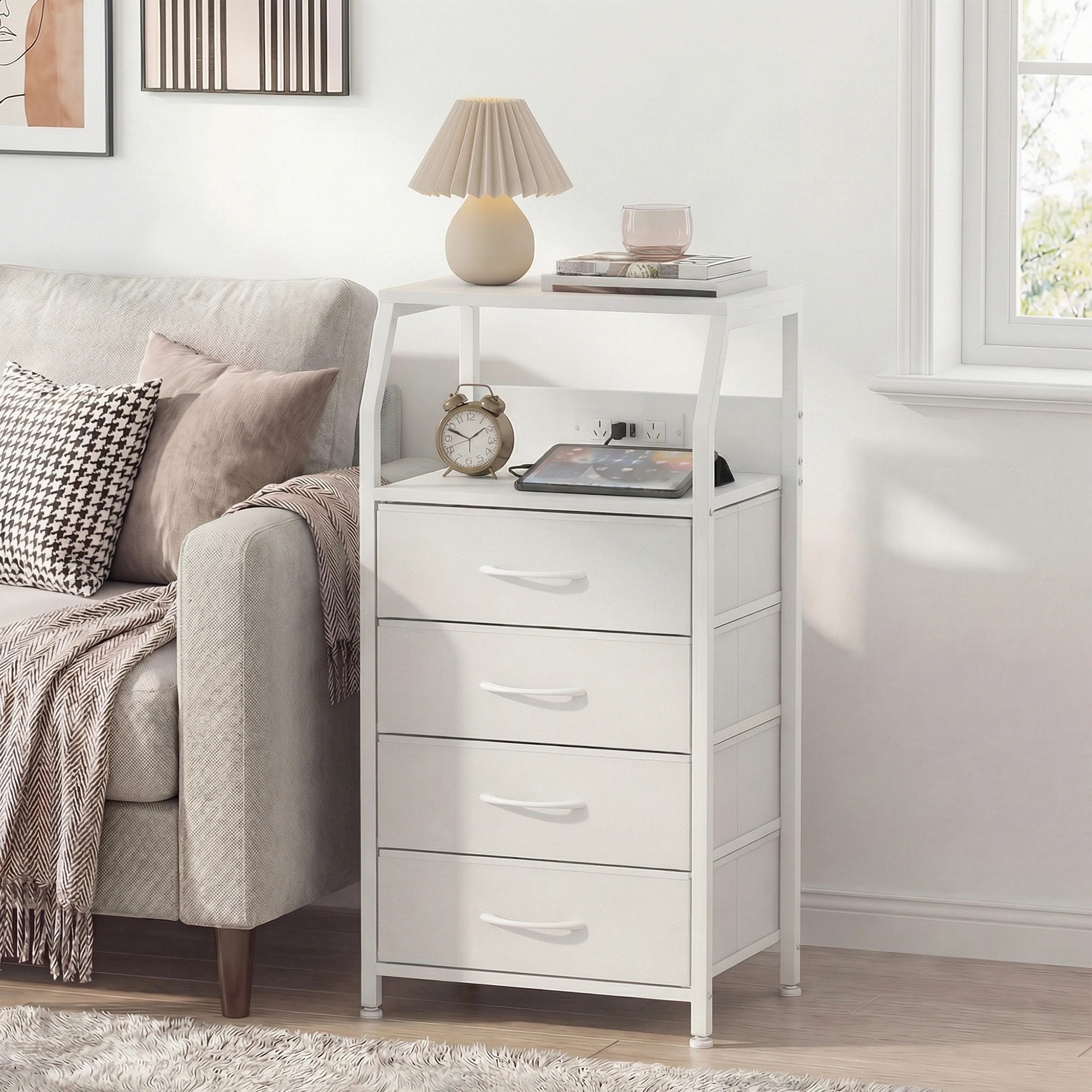 8 Advwin Set of 2 Bedside Table with Charging Station 4 Fabric Drawers Nightstand - White, 8 of 10