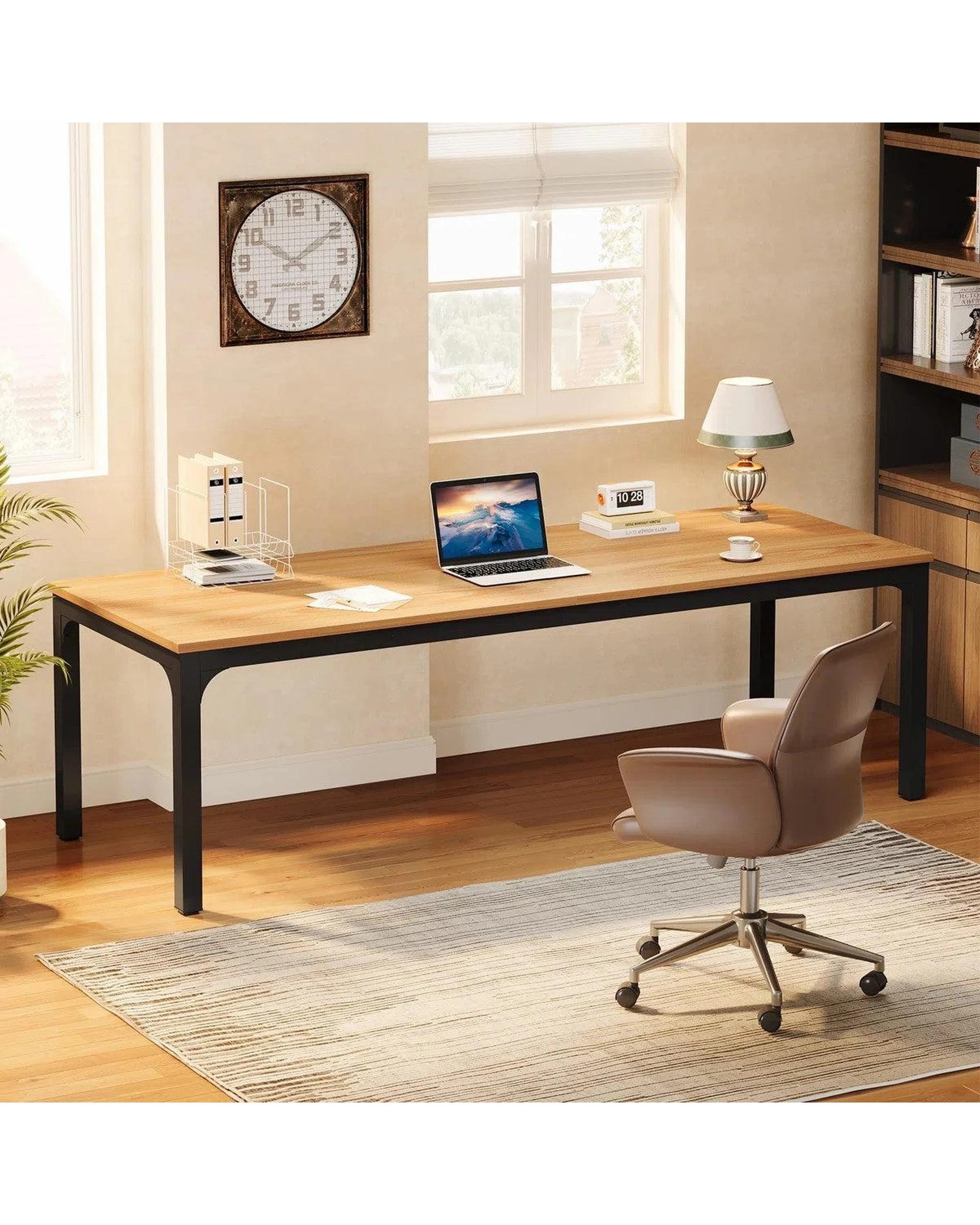 8 OAKORY 200cm Home Office Desk for Two People, Large Writing Desk with Heavy-Duty Metal Legs, Black & Light Walnut, 8 of 8