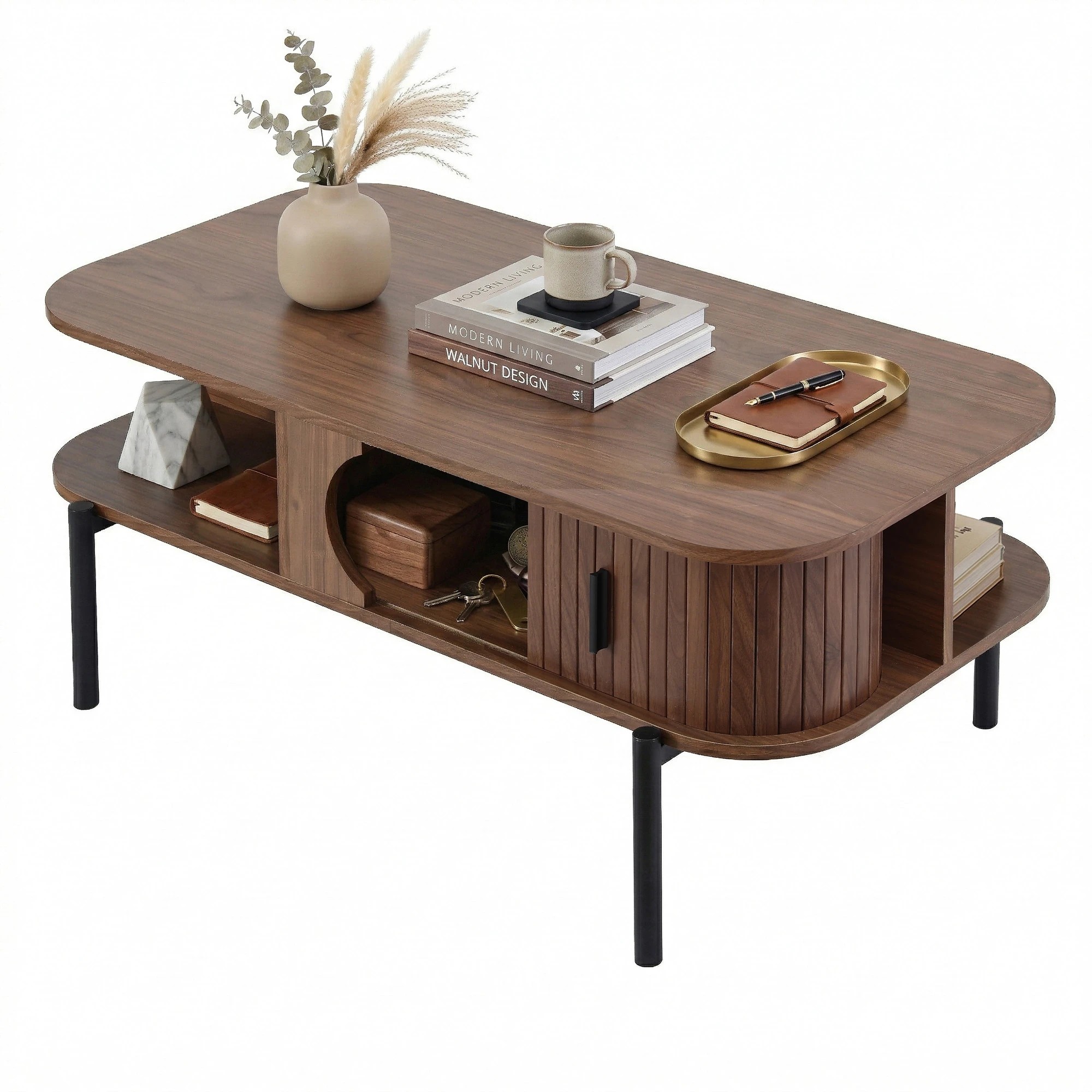1 Artiss Coffee Table Living Room Center Table Shelf Cabinet Walnut - Natural, 1 of 3