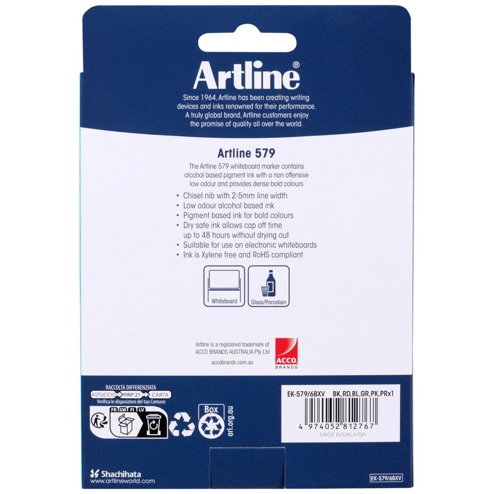 4 Artline 579 Whiteboard Markers Chisel Assorted 6 Pack, 4 of 4