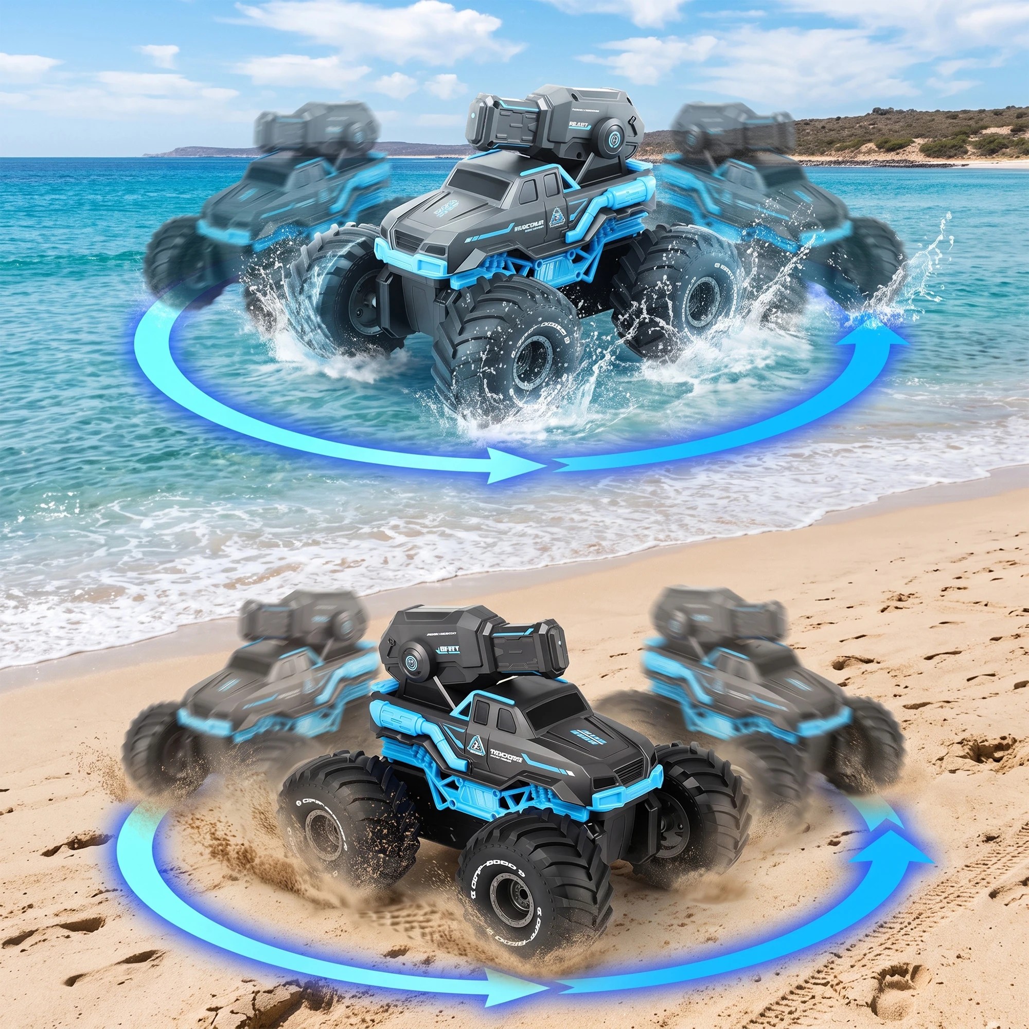 4 Keezi Kids Amphibious Remote Control Car Boat 2.4GHz 4WD RC Tank with Water Squirt Beach Pool Water Outdoor - Blue, 4 of 9