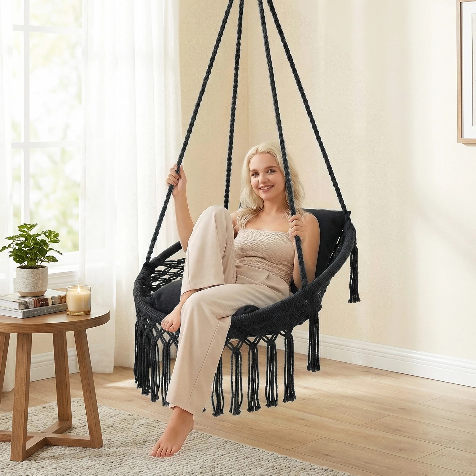 4 Costway Macrame Swing Chair Boho Rope Hanging Hammock Chair - Black, 4 of 4