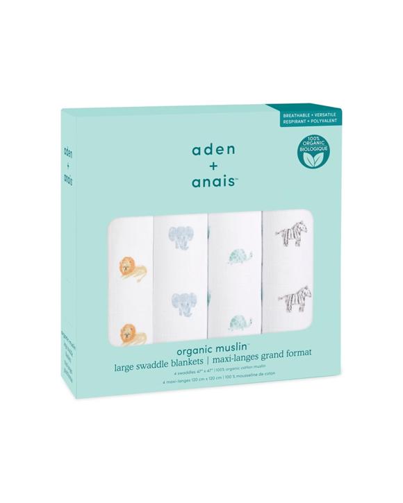 Aden and Anais 4pc Baby Swaddles Organic Cotton Muslin 120cm Set Animal Kingdom - Pattern