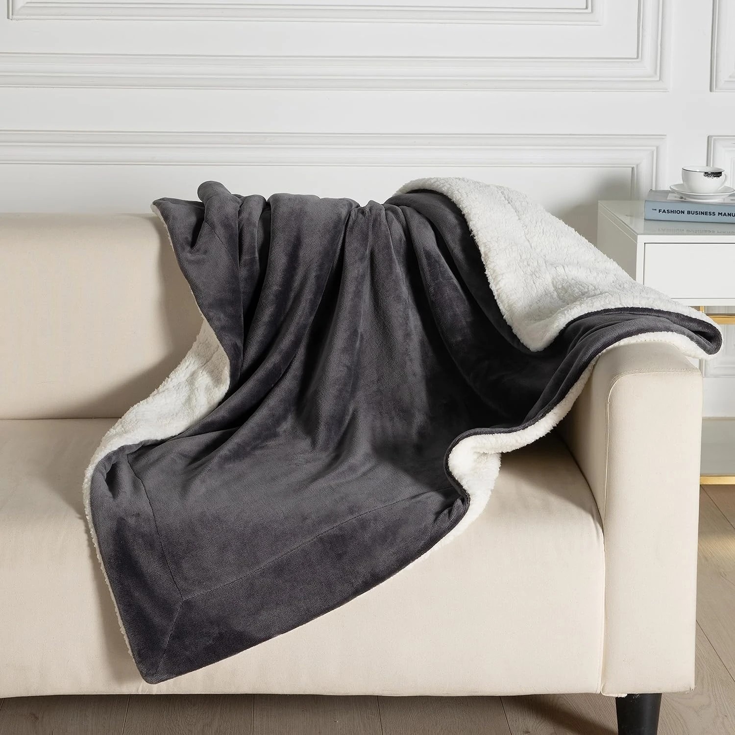 2 Gioia Casa Teddy Sherpa Throw Reversible Soft Flannel Velvet Throw Blanket - Charcoal, 2 of 5