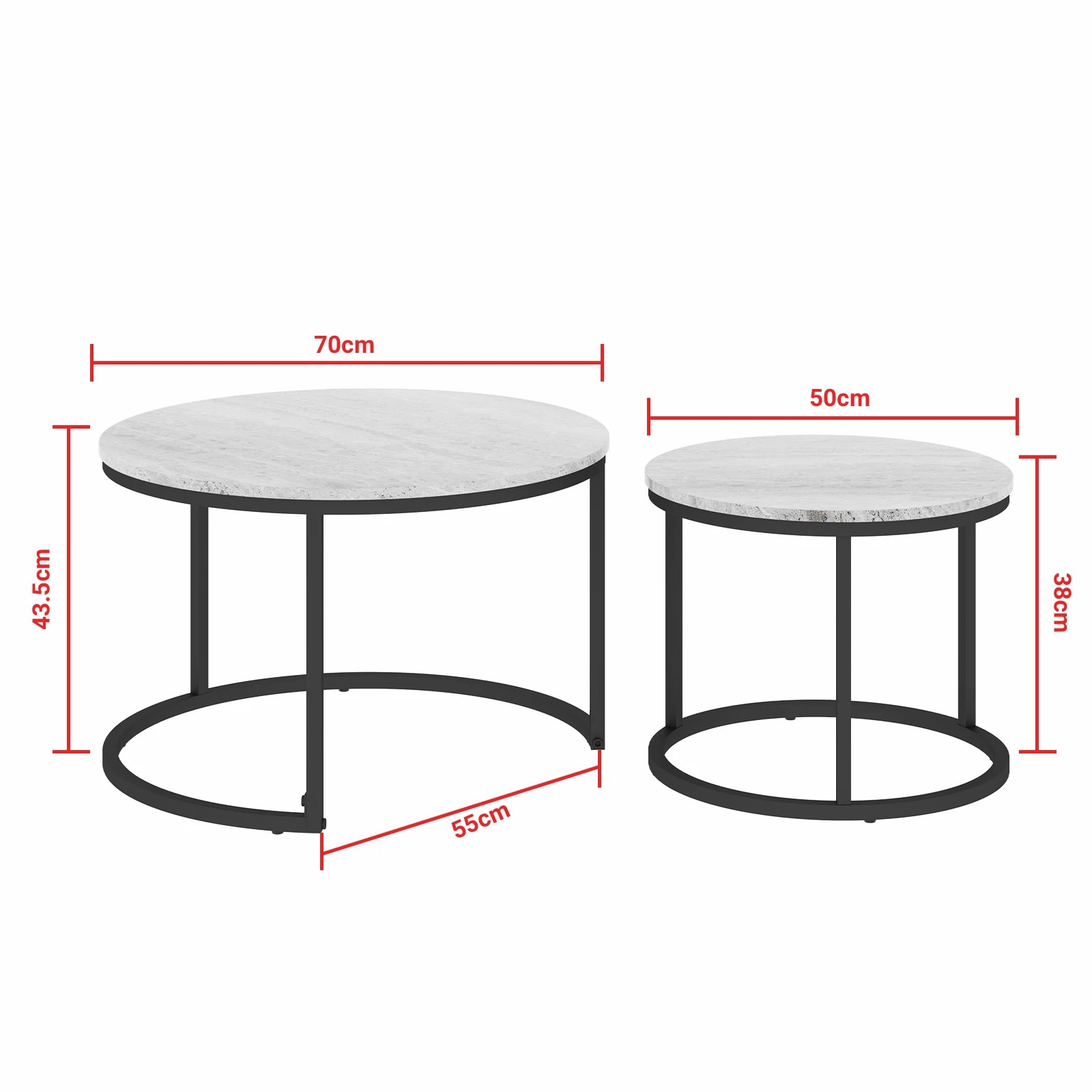 6 Advwin Nesting Coffee Table Marble-look PVC Finish 70 & 50cm Round Grey, 6 of 7