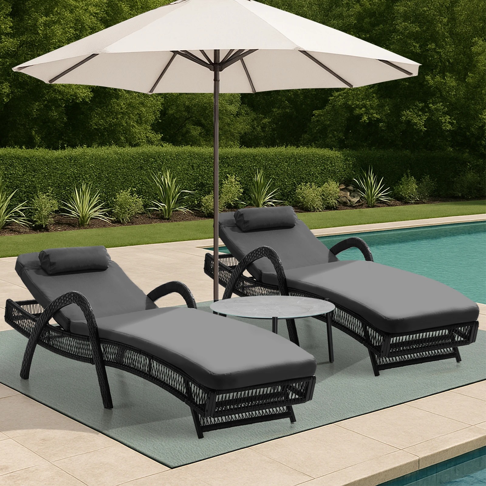 Livsip 3PCS Outdoor Sun Lounge Set Wicker Lounger Table Chairs - Grey ...