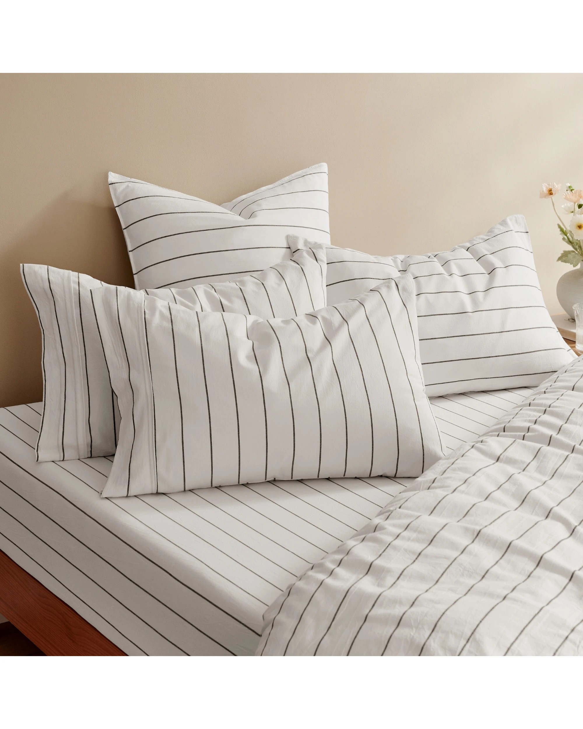 6 Dreamaker Rumi Stripe Washed Cotton Fitted Sheet Set - Double Bed - White with Graphite, 6 of 6