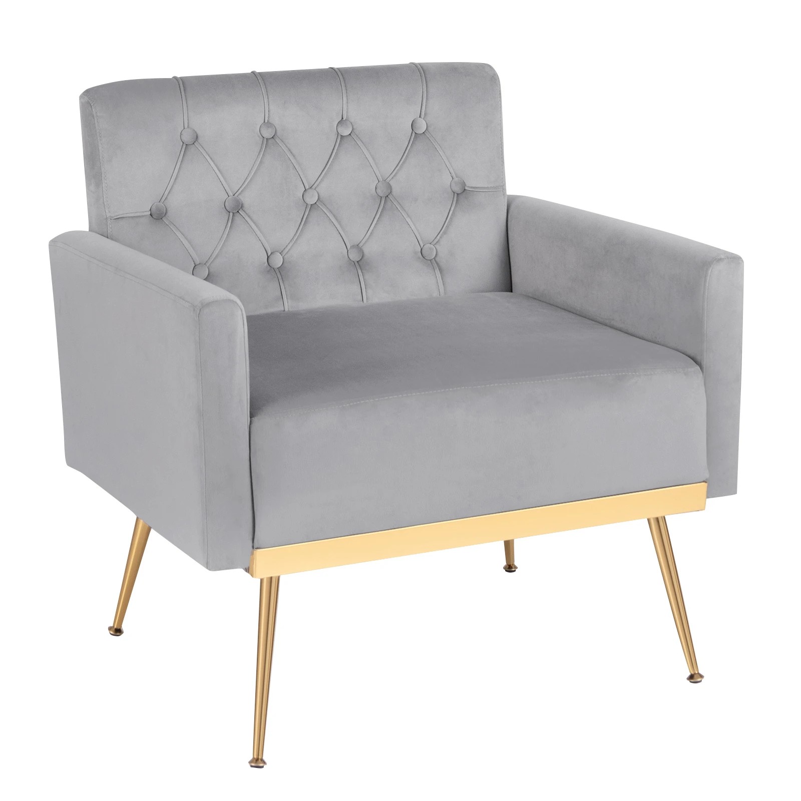 1 Costway Modern Accent Armchair Velvet Sofa Chair w/Button Tufted Back & Golden Metal Legs - Grey, 1 of 5