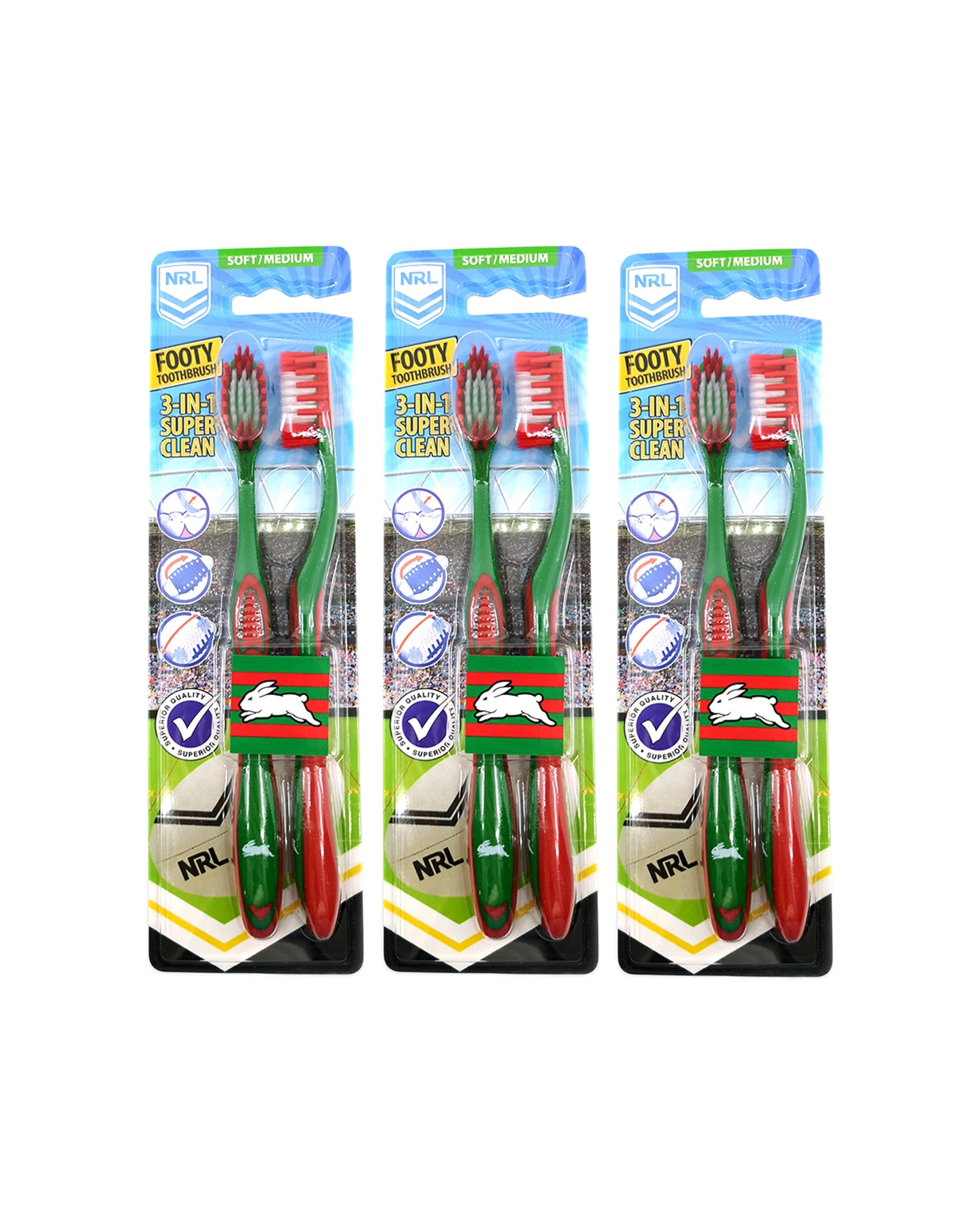 1 NRL 3x 2pc South Sydney Rabbitohs Soft/Medium Toothbrush Kids/Adults - Multi, 1 of 1