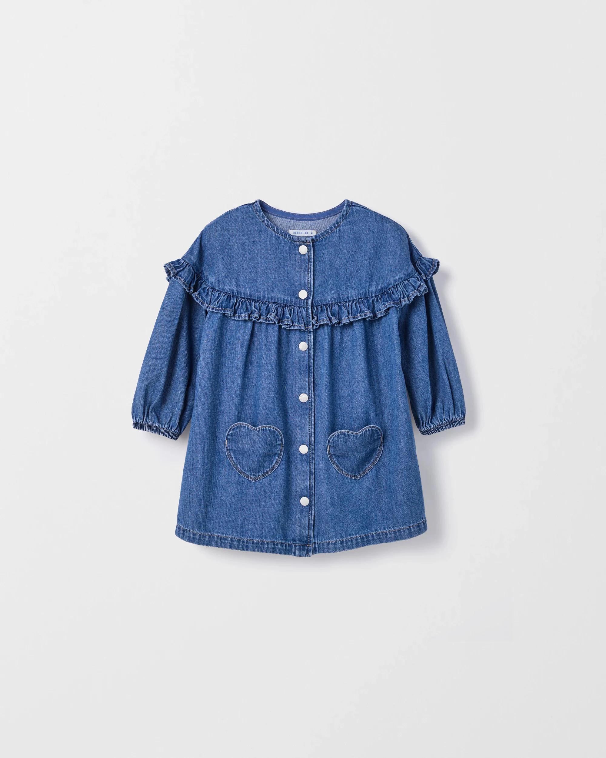 1 Target Kids Denim Long Sleeve Ruffle Dress BLUE DENIM WASH, 1 of 1