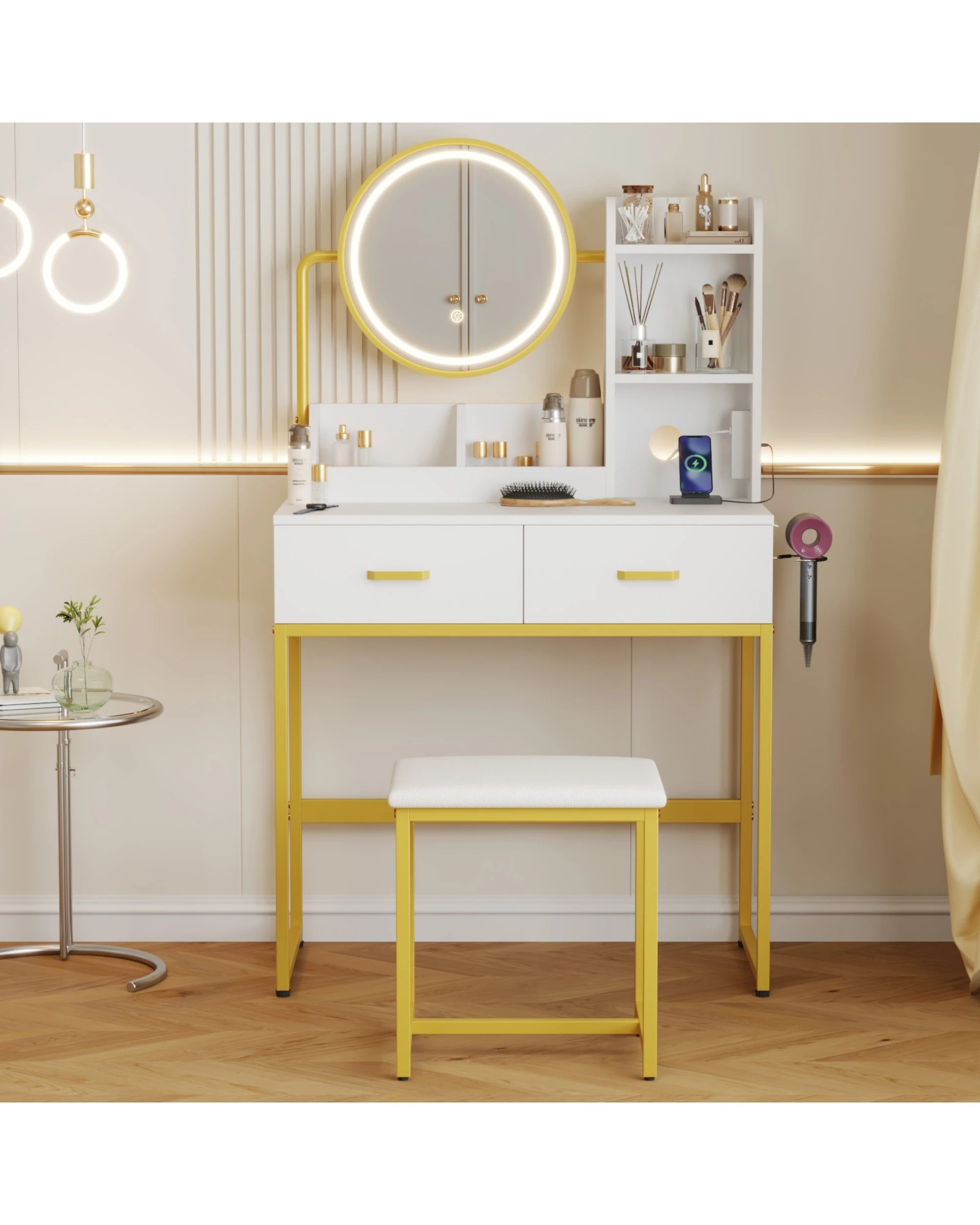 2 Advwin Dressing Table Set With Led 360° Adjustable Mirror Power Outlet, 2 of 10