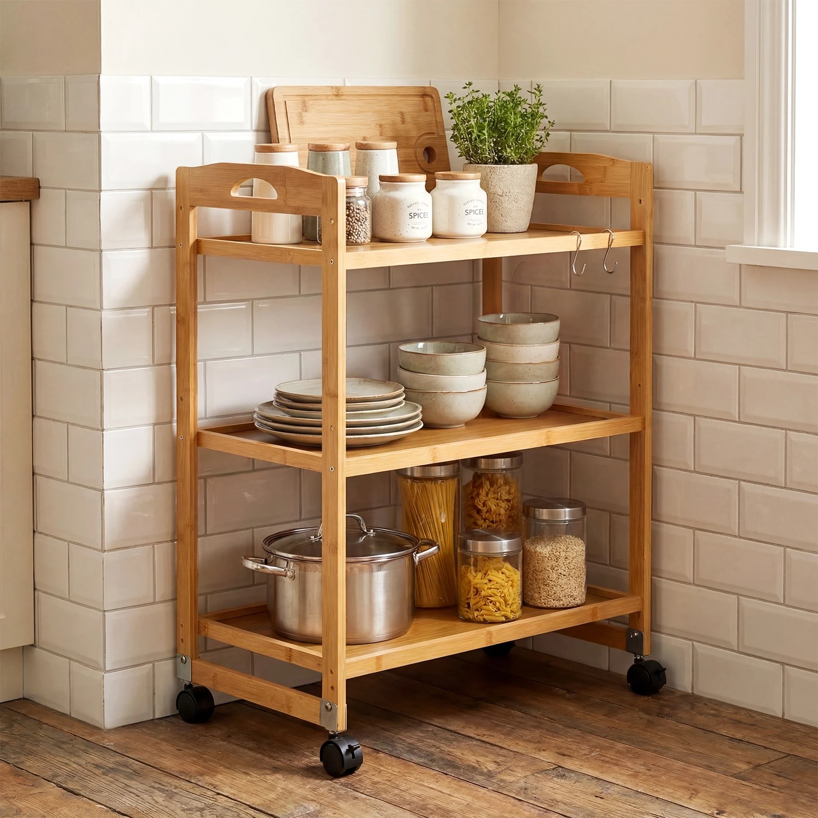 3 Costway 3-Tier Storage Rolling Cart Bamboo Utility Trolley - Natural, 3 of 4