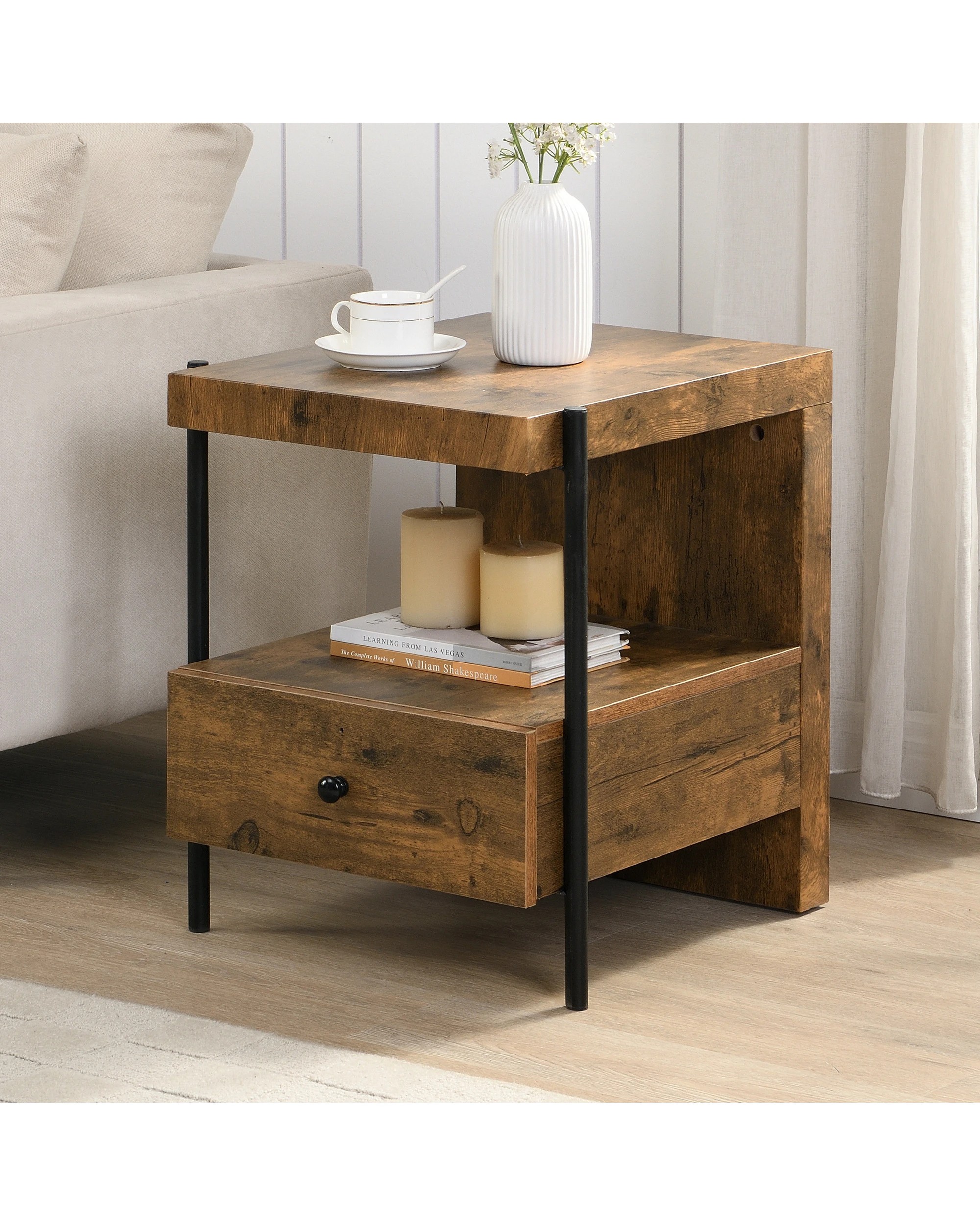 2 IHOMDEC Side Table with Drawer Metal Tube and Wood, 2 of 5