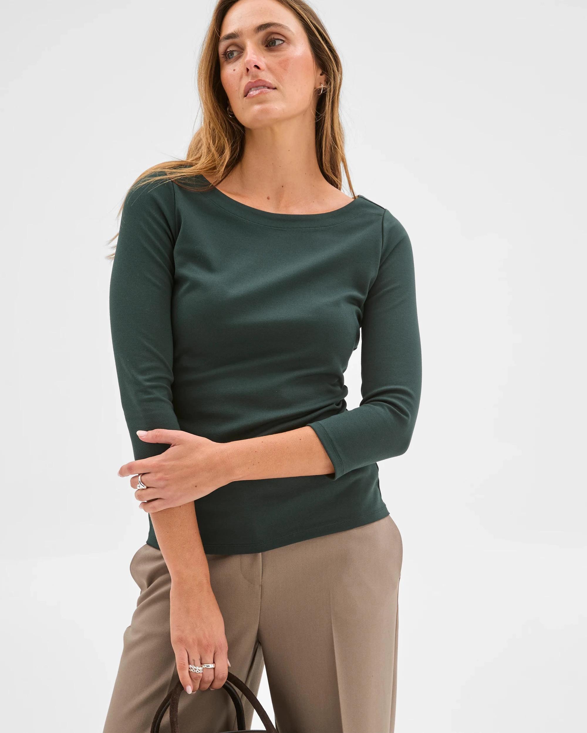 3 Preview 3/4 Sleeve Boat Neck Ponte T-Shirt MID JADE, 3 of 6