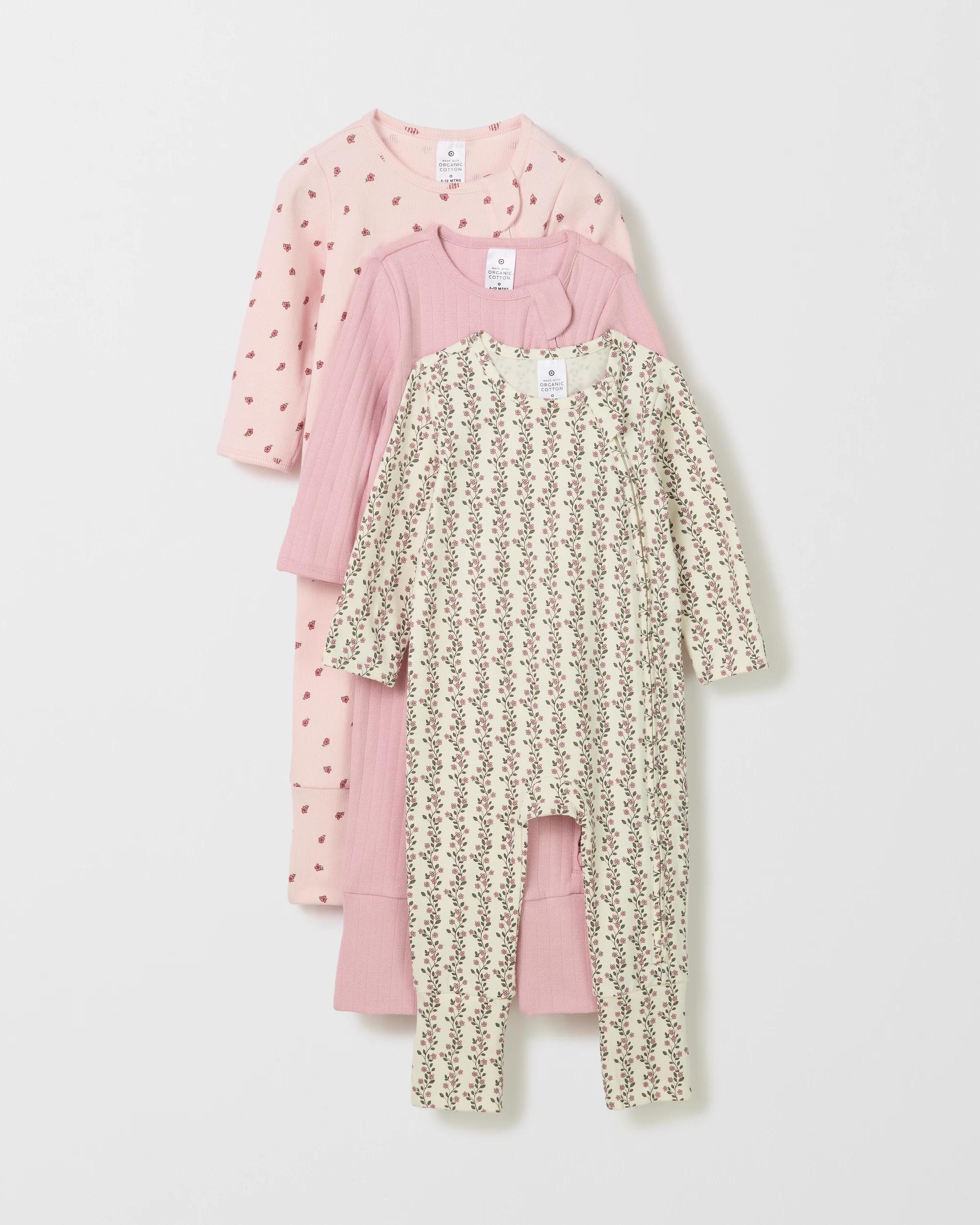 1 Target Baby Organic Cotton 3 Pack Baby Zip Coverall TRAILING FLORAL CREAM, 1 of 5