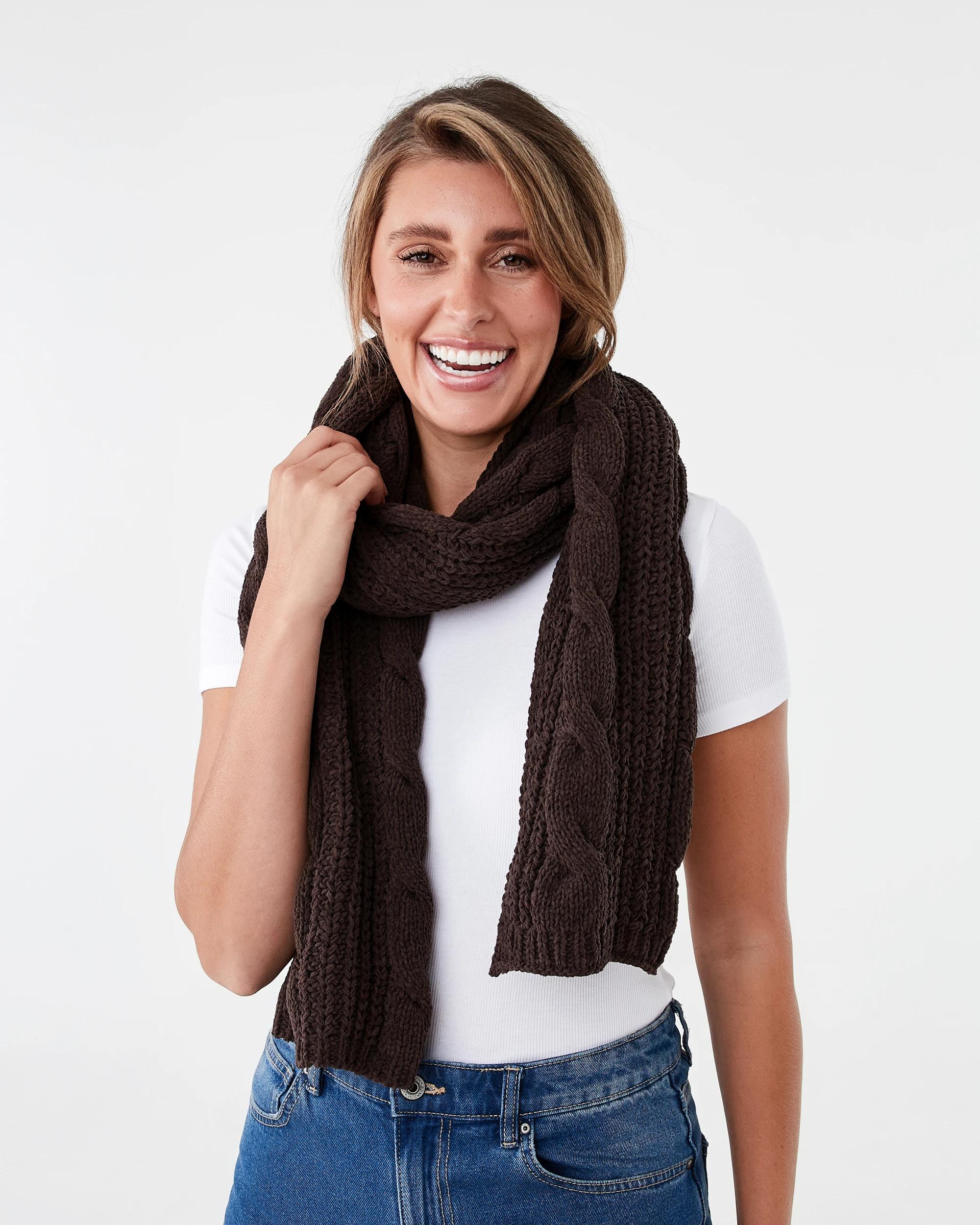 3 Chunky Cable Knit Scarf Brown, 3 of 3