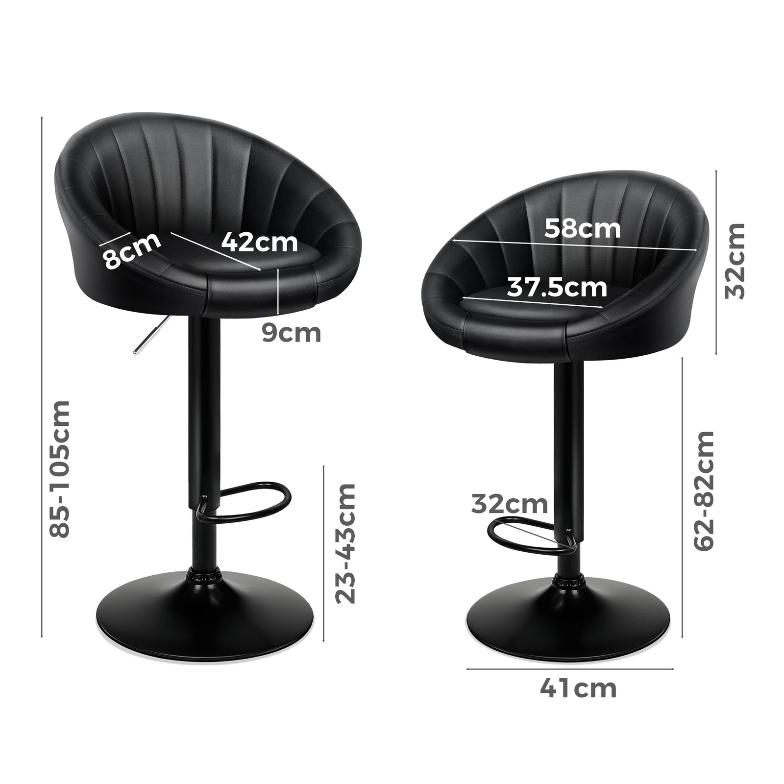 3 Alfordson 4x Bar Stools Gas Lift Leather Chairs Kitchen Swivel - All Black, 3 of 10